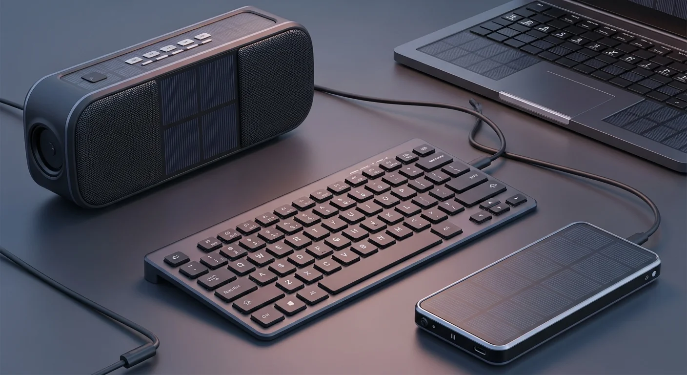 Colección de accesorios tecnológicos solares, incluyendo una bocina con panel solar, un teclado solar y un cargador portátil.