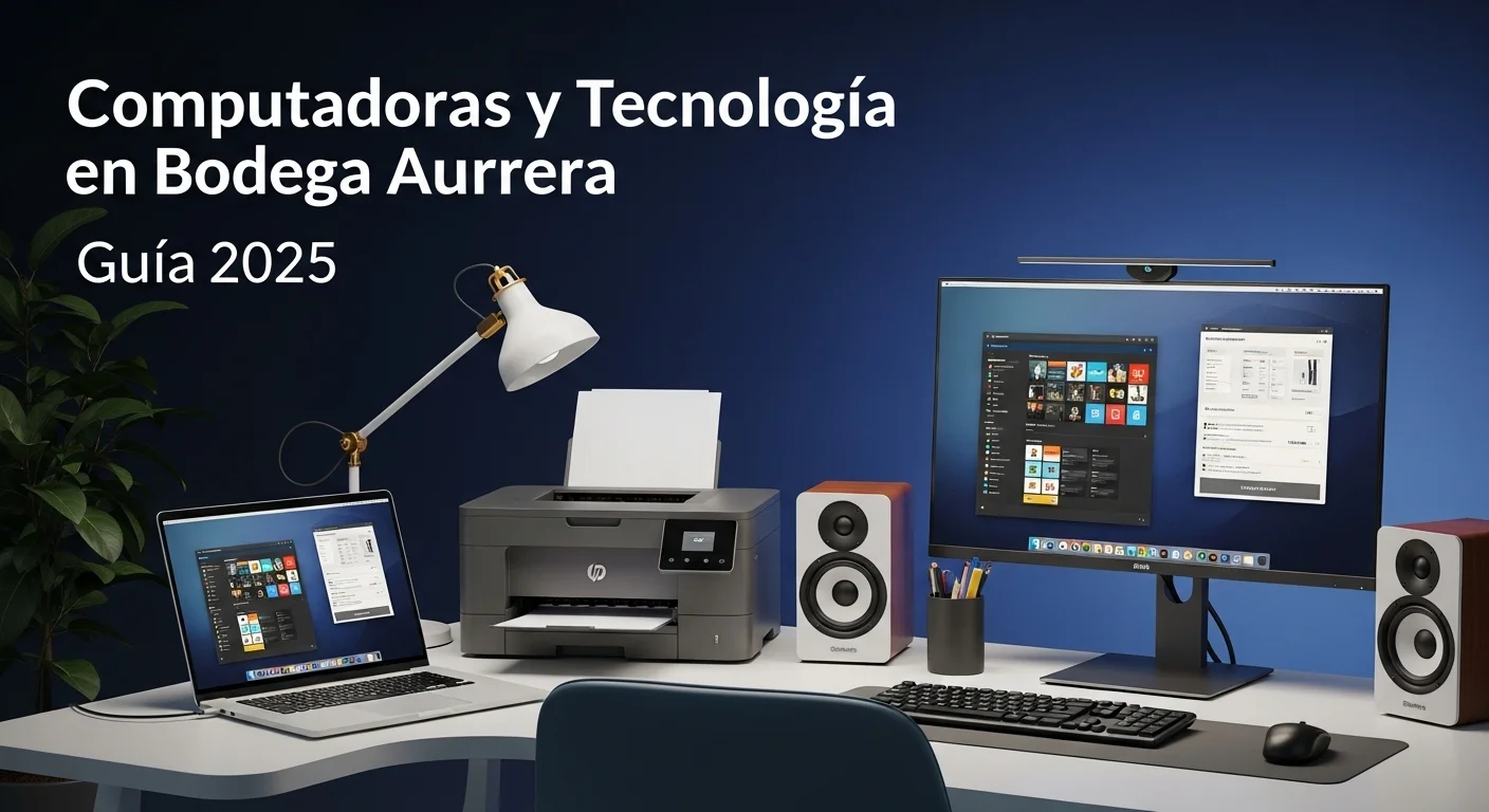 Un escritorio con una laptop, una impresora multifuncional, bocinas y un monitor, todos productos que se pueden encontrar en Bodega Aurrera.