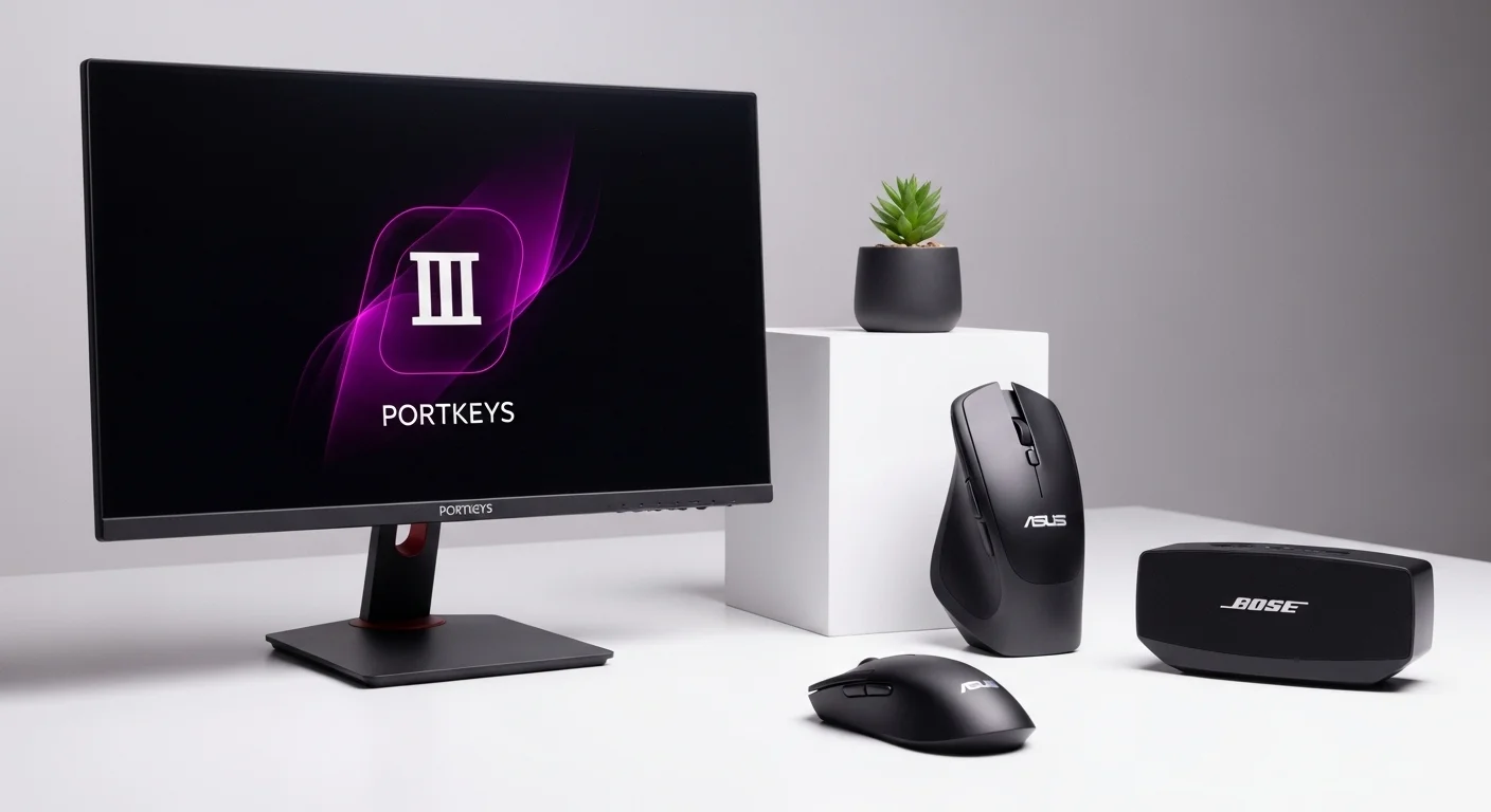 Una composición de productos tecnológicos 'III' sobre una superficie limpia, destacando un monitor Portkeys, un ratón Asus y una bocina Bose.