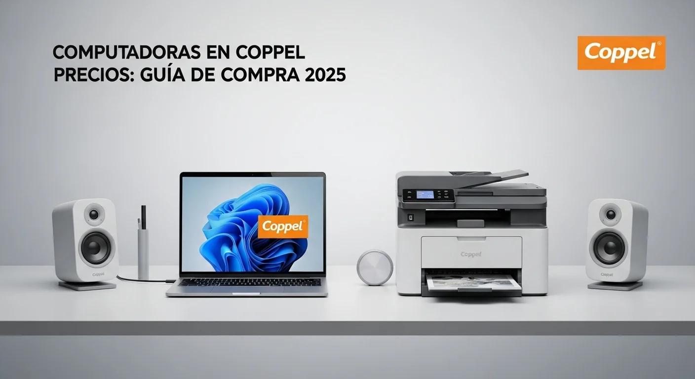 Escritorio de trabajo con una laptop, una impresora multifuncional y bocinas de escritorio, representando el ecosistema tecnológico disponible en Coppel.