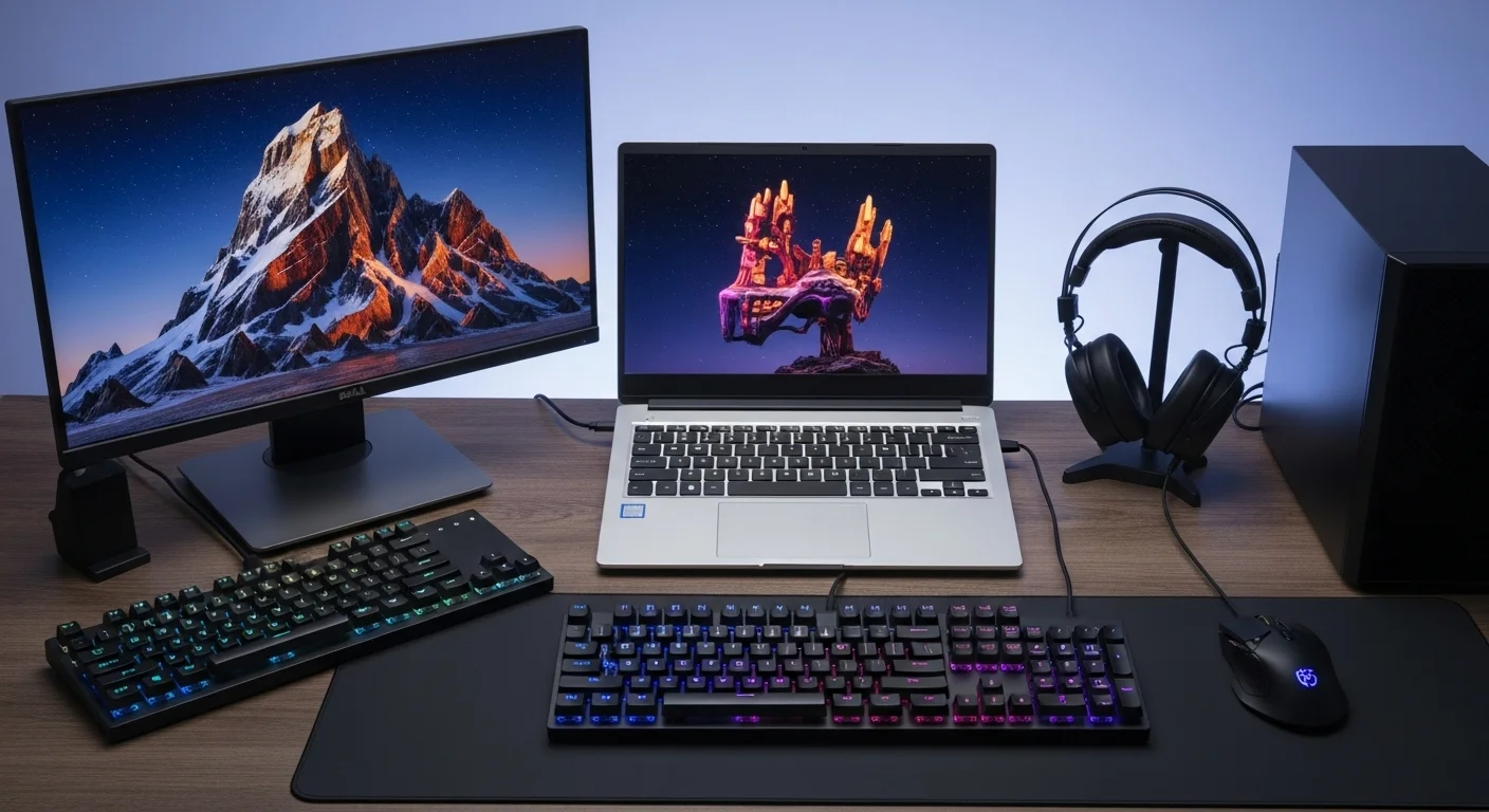 Un escritorio de trabajo con una computadora portátil rodeada de accesorios tecnológicos como un monitor externo, un teclado mecánico, un ratón inalámbrico y unos auriculares.