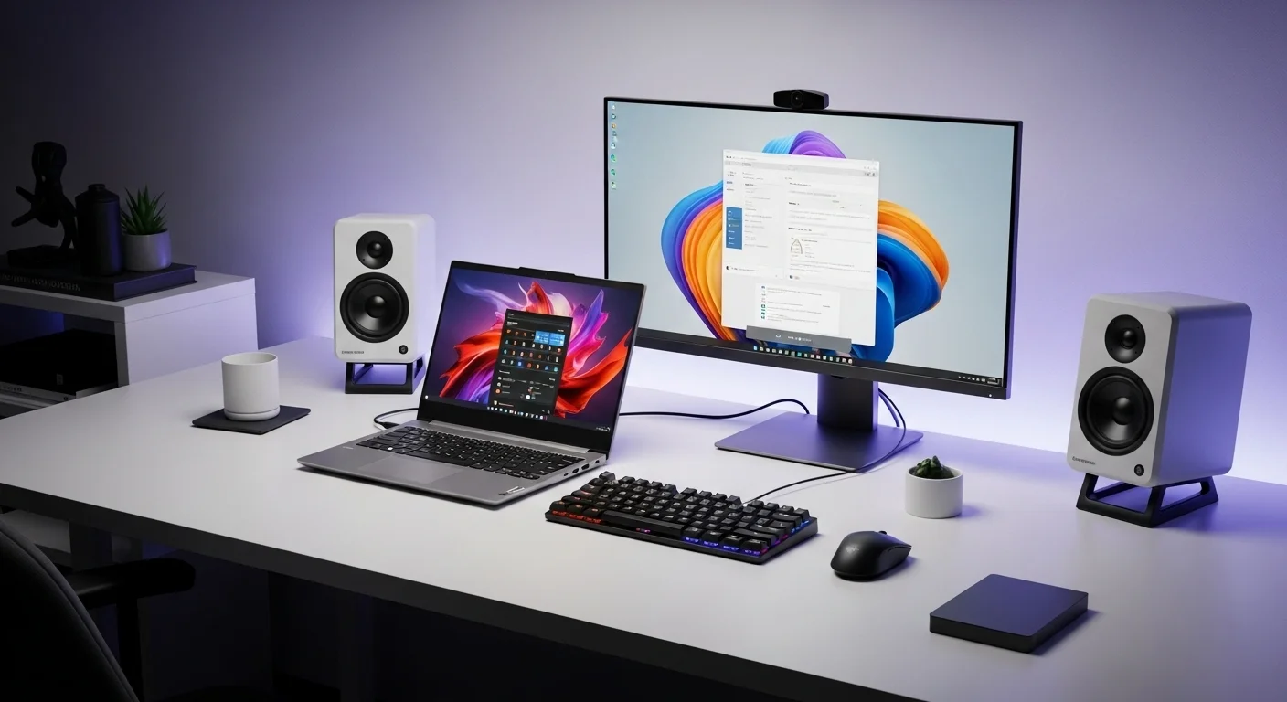 Un escritorio con una laptop Lenovo 15ast conectada a un monitor externo, bocinas y otros accesorios de tecnología.