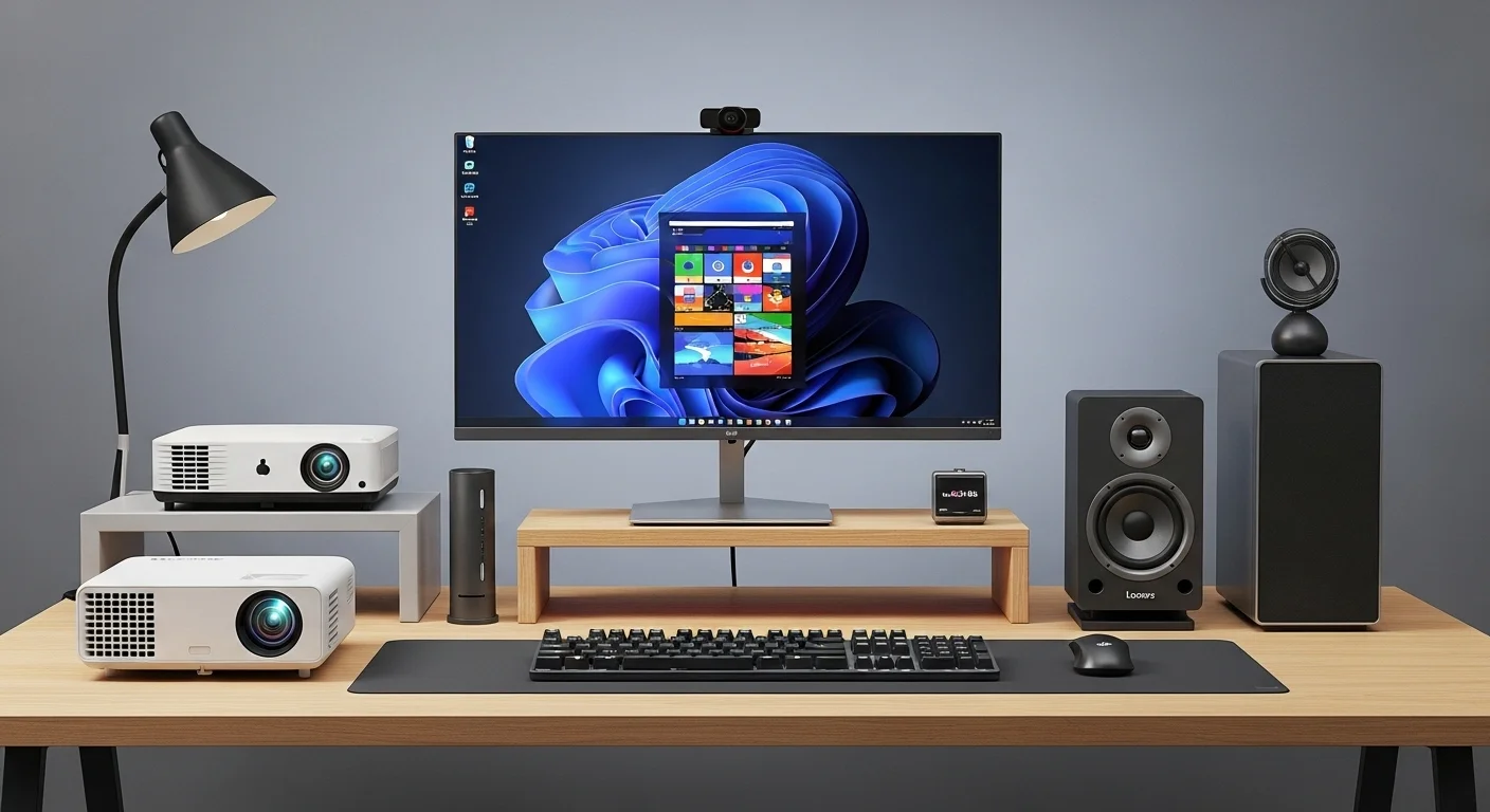 Varios accesorios tecnológicos como un proyector, una pantalla, bocinas y un teclado sobre un escritorio moderno.