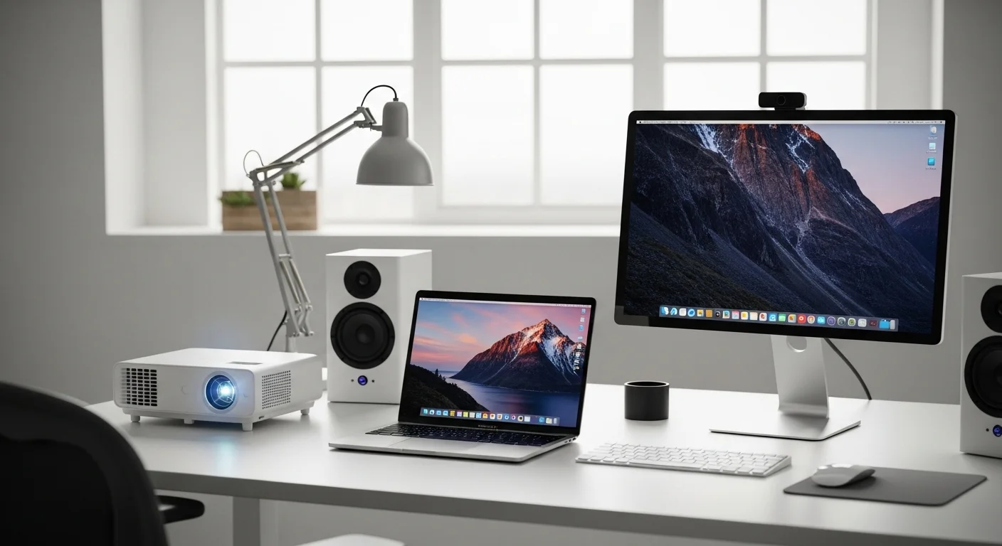 Un escritorio de oficina moderno con una computadora Macbook, un proyector, una pantalla externa y bocinas, ilustrando el ecosistema tecnológico.
