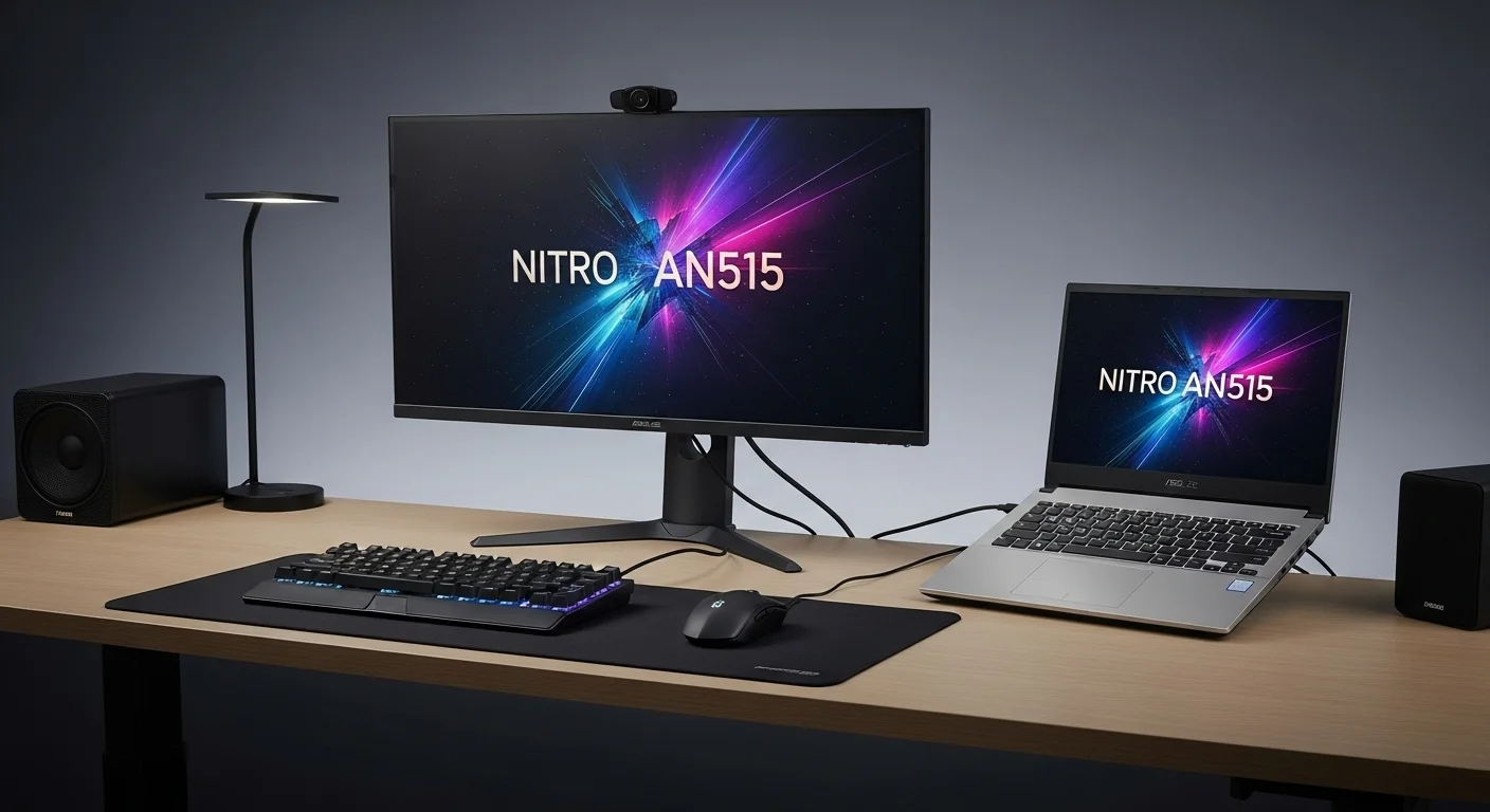 Una estación de trabajo moderna con una computadora portátil Nitro AN515 conectada a un monitor externo, teclado mecánico y otros accesorios de tecnología y oficina.