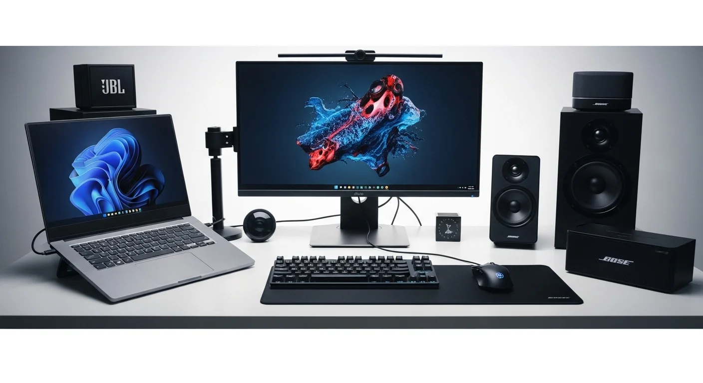 Escritorio moderno con una laptop, un monitor externo, un teclado, un ratón y varias bocinas, incluyendo una bocina JBL y una bocina Bose, mostrando un ecosistema tecnológico completo.