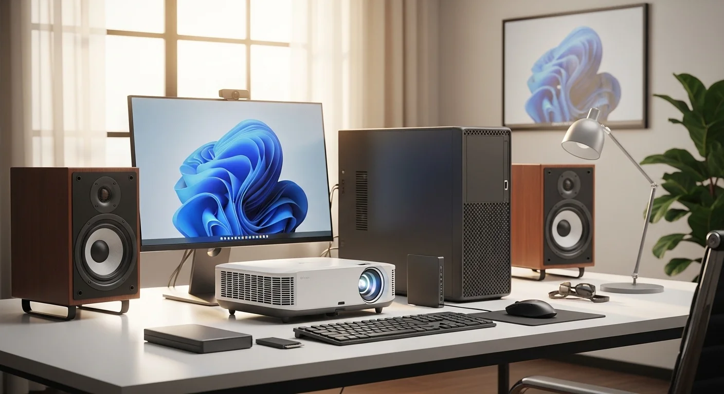 Un escritorio de oficina moderno con una computadora con Windows 11, un proyector, bocinas de alta calidad y otros accesorios tecnológicos.