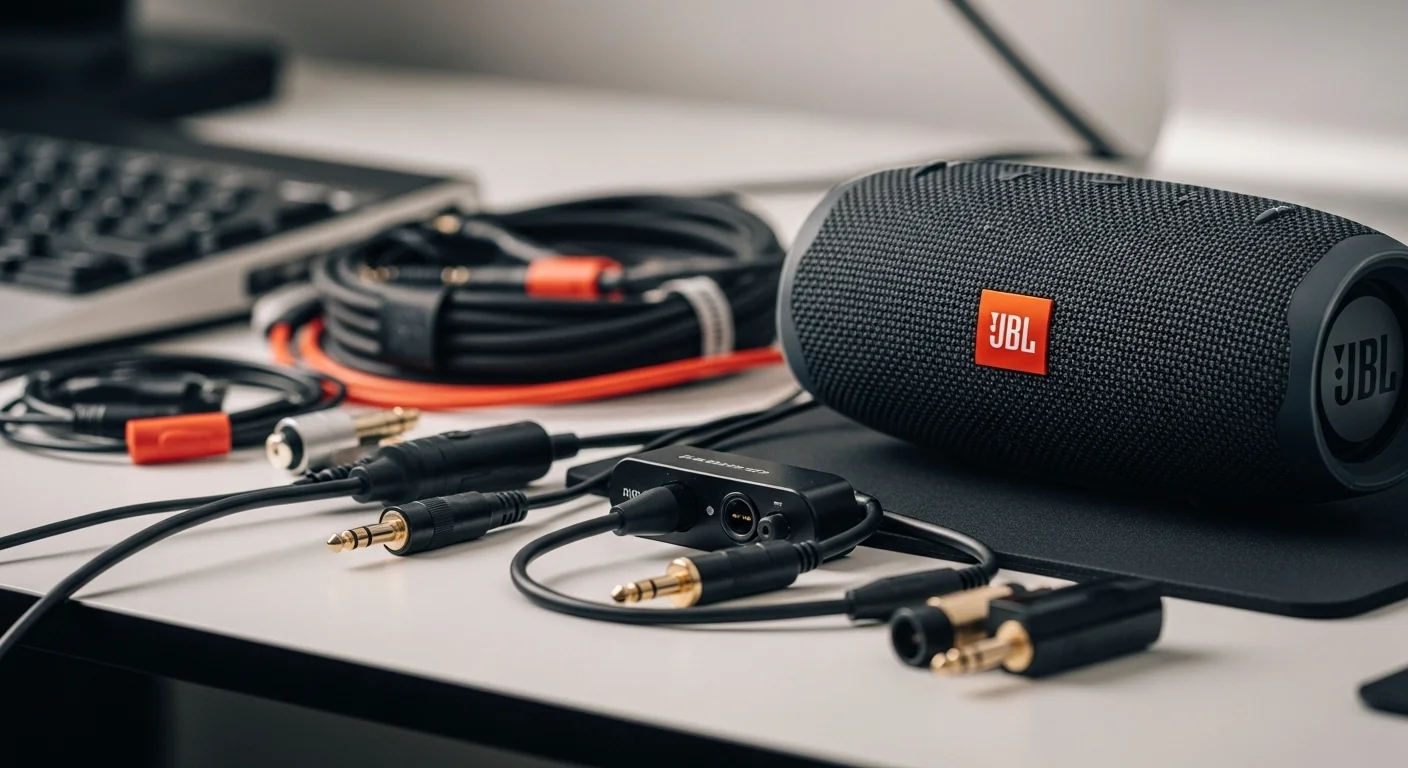 Primer plano de accesorios tecnológicos incluyendo cables de audio, una bocina portátil JBL y conectores sobre una mesa de trabajo.