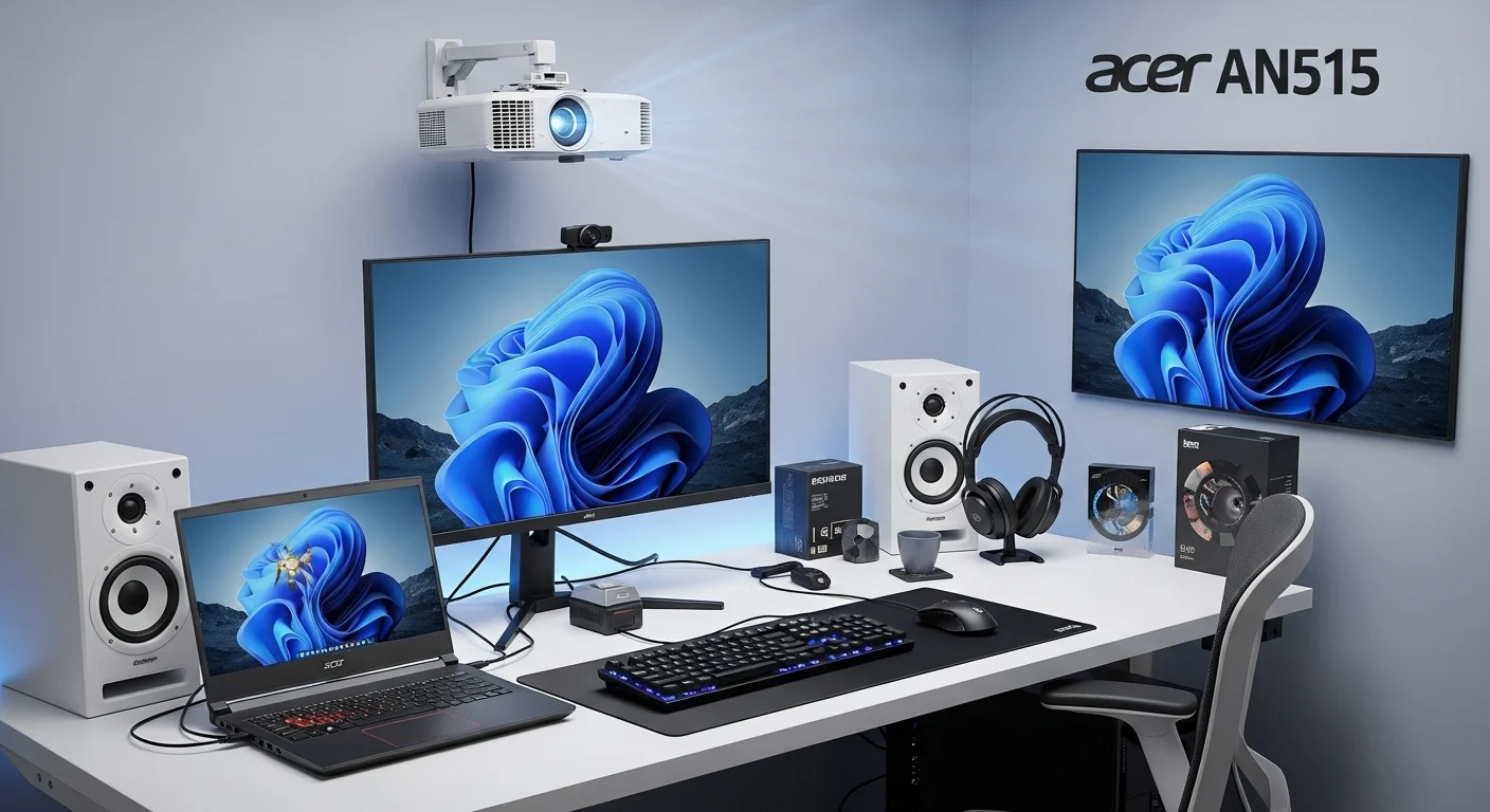 Escritorio de trabajo con una laptop Acer AN515 conectada a una pantalla externa, un proyector, bocinas de alta calidad y otros accesorios de oficina y tecnología.