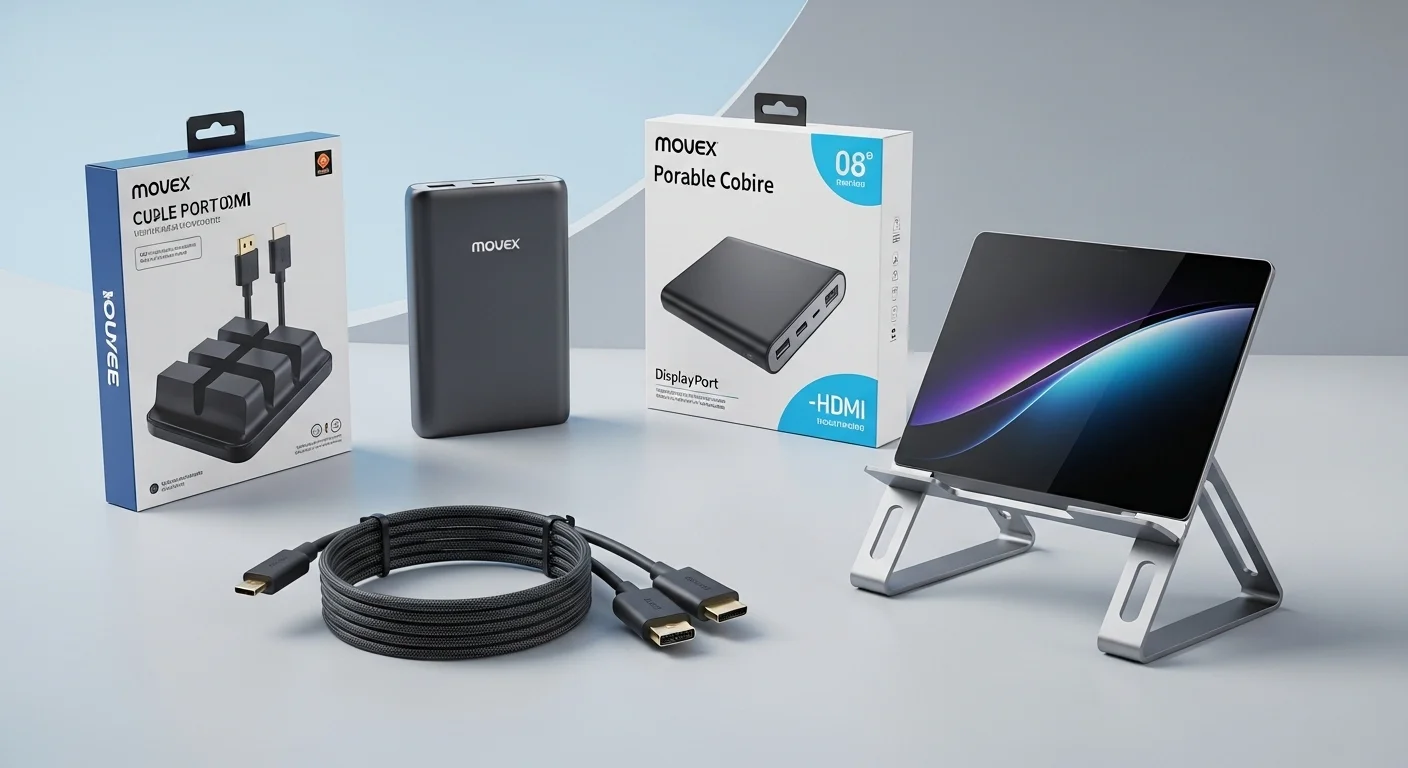 Colección de accesorios tecnológicos incluyendo un porta cables, un power bank, un cable display port a hdmi y un soporte para laptop.