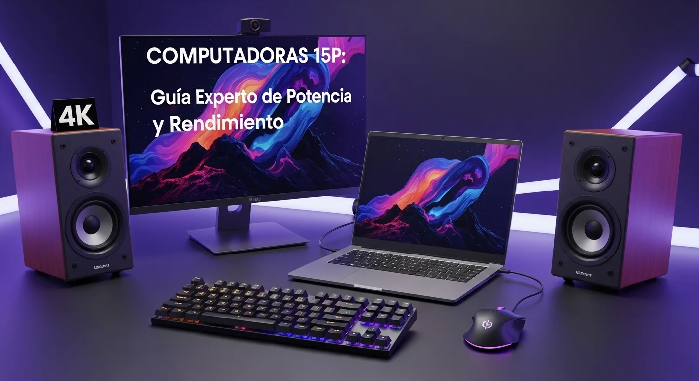 Un setup completo con un monitor externo 4K, teclado mecánico, ratón ergonómico y bocinas de alta fidelidad, complementando una computadora portátil de alto rendimiento.