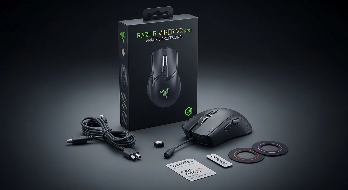 Caja y accesorios del Razer Viper V2 Pro, incluyendo el cable SpeedFlex, el dongle inalámbrico y los grips opcionales para mejorar el agarre.