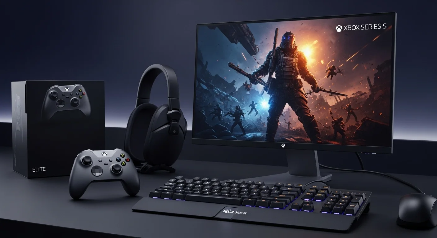 Primer plano de accesorios para Xbox, incluyendo un mando Elite, un teclado Xbox de Razer y un monitor para Xbox Series S mostrando una interfaz de juego.