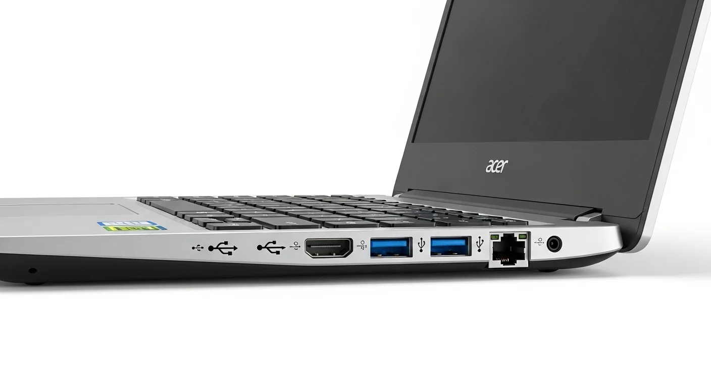 Vista detallada del lateral de una computadora portátil Acer Aspire 3 A315, mostrando la variedad de puertos de conectividad como USB, HDMI y Ethernet.