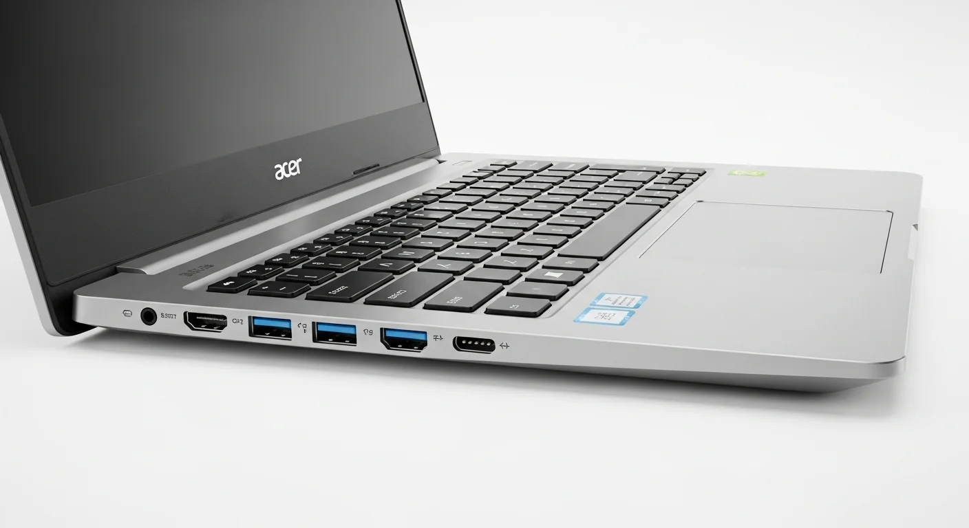 Detalle del teclado y los puertos de conexión de una computadora portátil Acer Aspire A315, mostrando su funcionalidad.