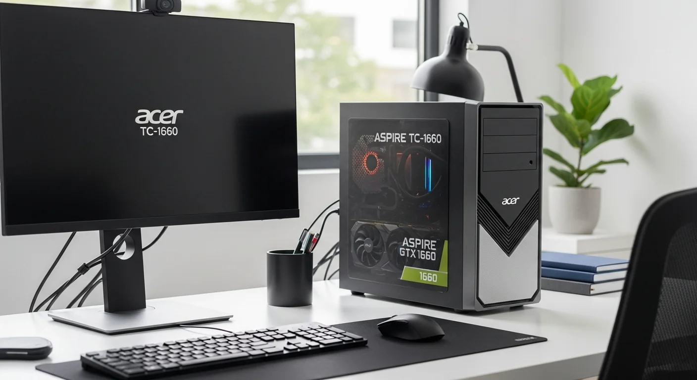 Escritorio de oficina con una computadora de torre Acer Aspire TC-1660, monitor y periféricos, mostrando un entorno de trabajo productivo.