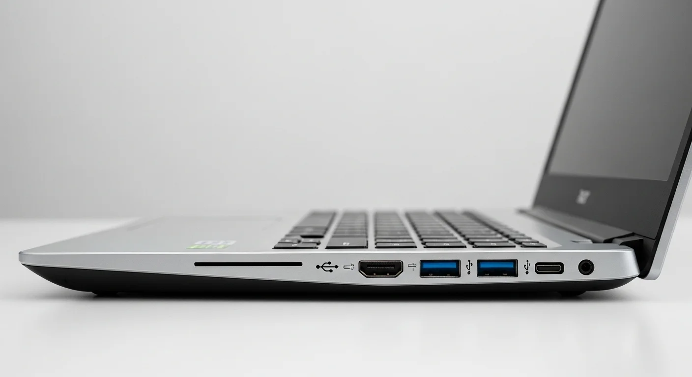 Perfil de una laptop Acer V5 destacando sus puertos de conectividad, incluyendo USB 3.0, HDMI y lector de tarjetas.