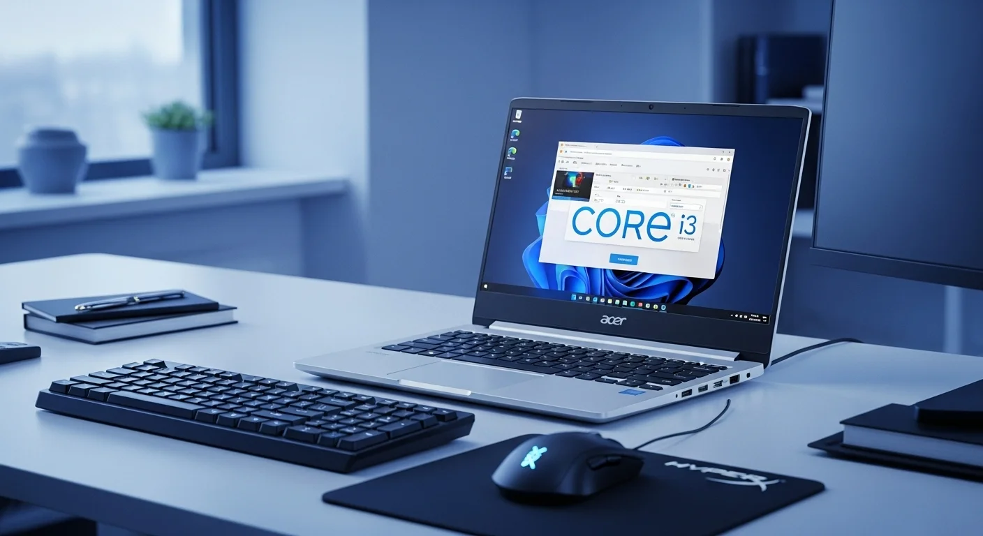 Una laptop Acer Core i3 abierta en un escritorio de oficina moderno, junto a un ratón HyperX Pulsefire Core y un teclado, mostrando un entorno de trabajo productivo y tecnológico.