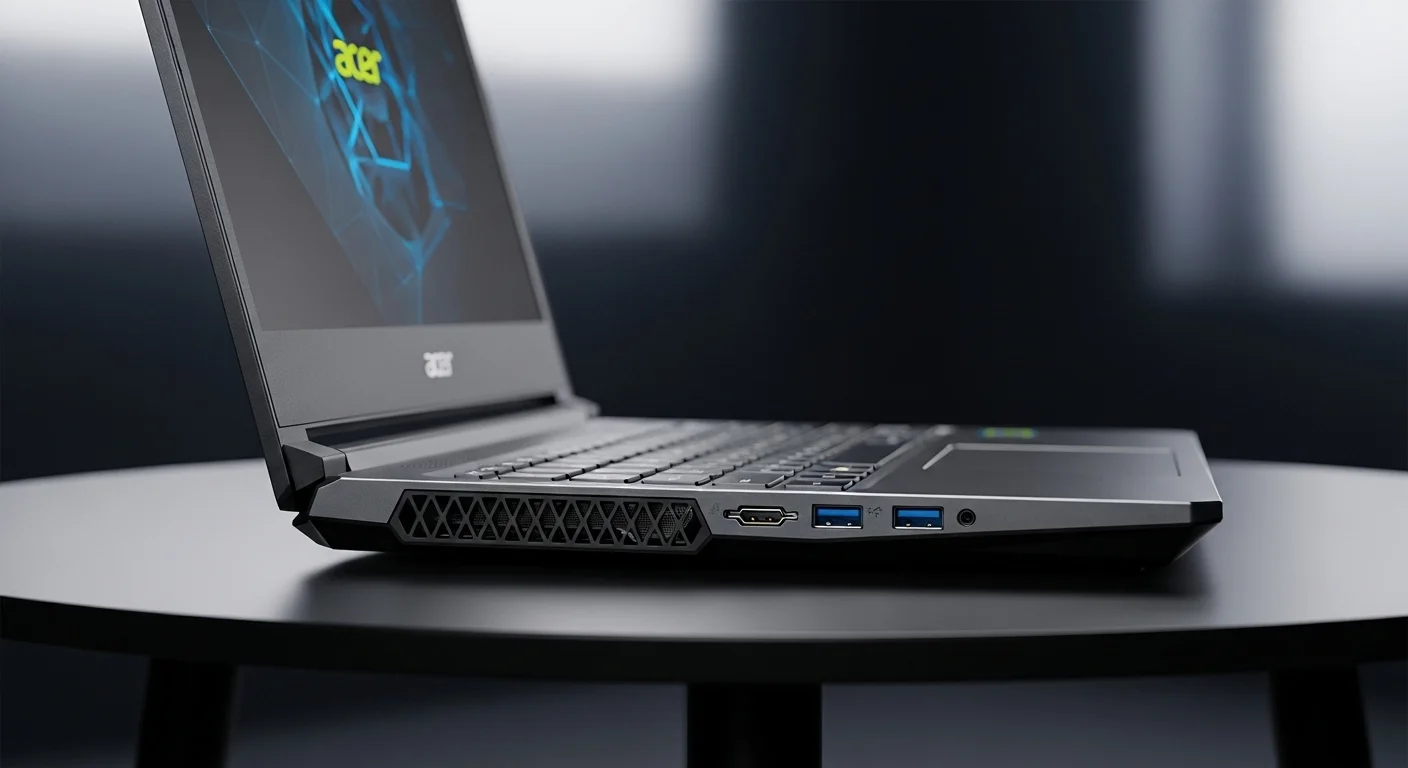 Detalle de los puertos de conectividad y el sistema de ventilación de una computadora Acer Nitro 5, destacando su diseño funcional para gaming.