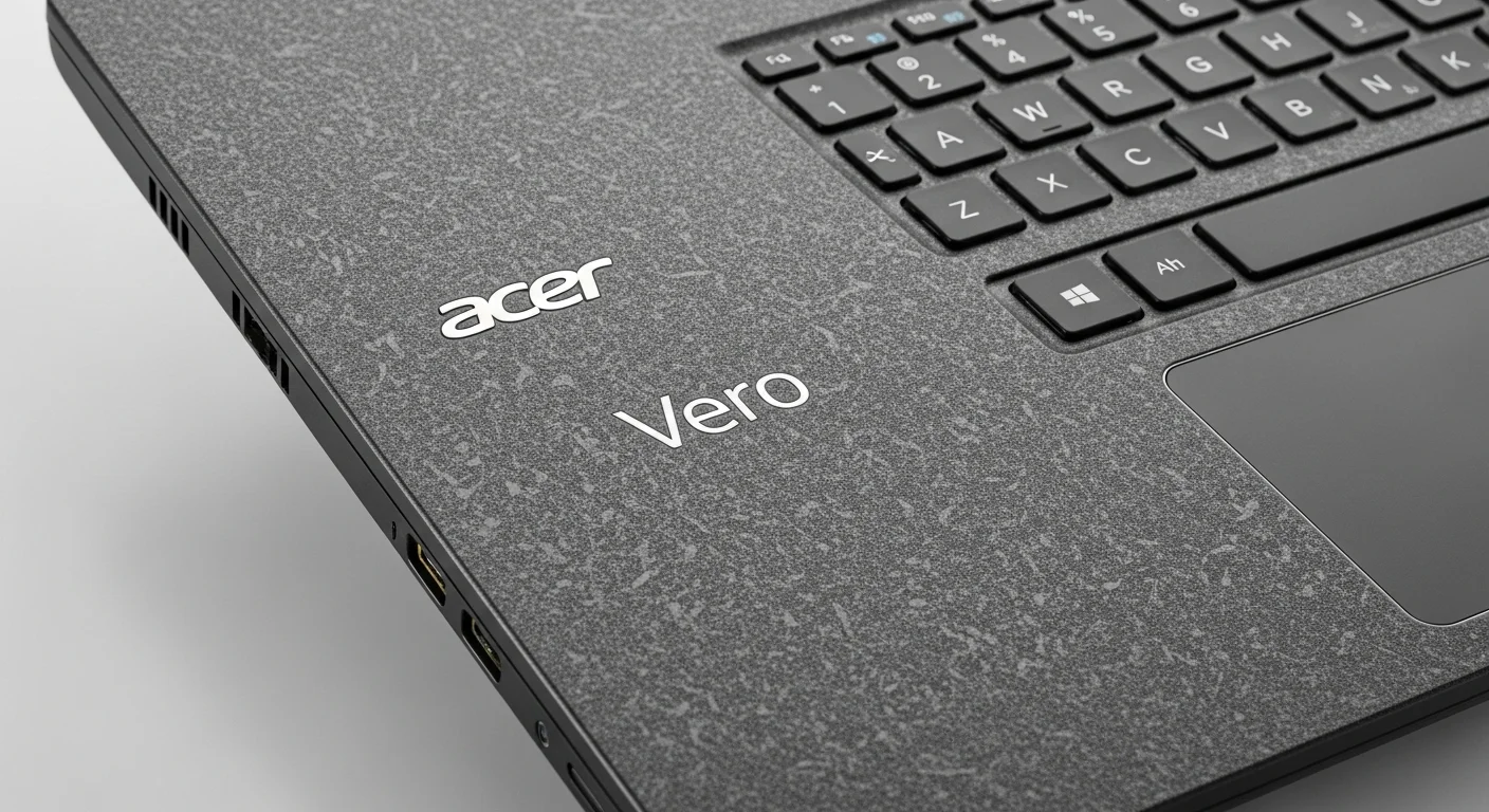 Primer plano de un portátil Acer Vero mostrando su textura de material reciclado, simbolizando la fusión de tecnología y sostenibilidad.