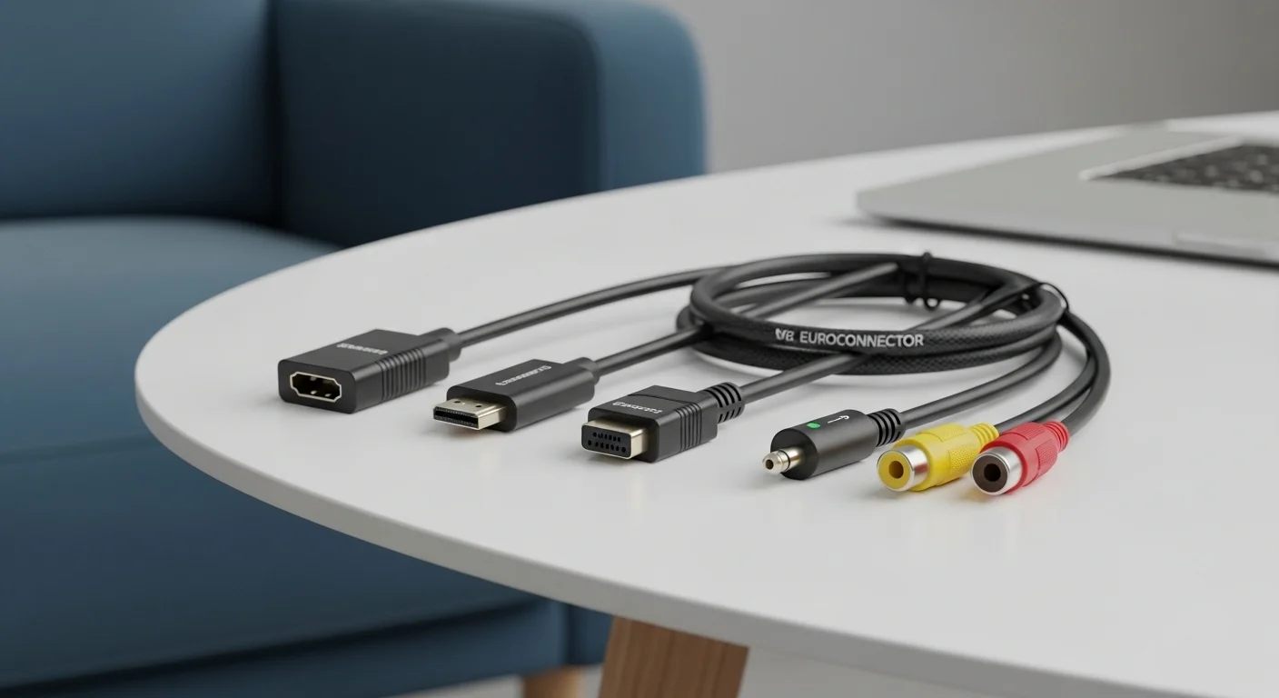 Varios adaptadores en una mesa: un conversor de HDMI a Euroconector, un cable de Euroconector a HDMI y un adaptador de Euroconector a RCA.