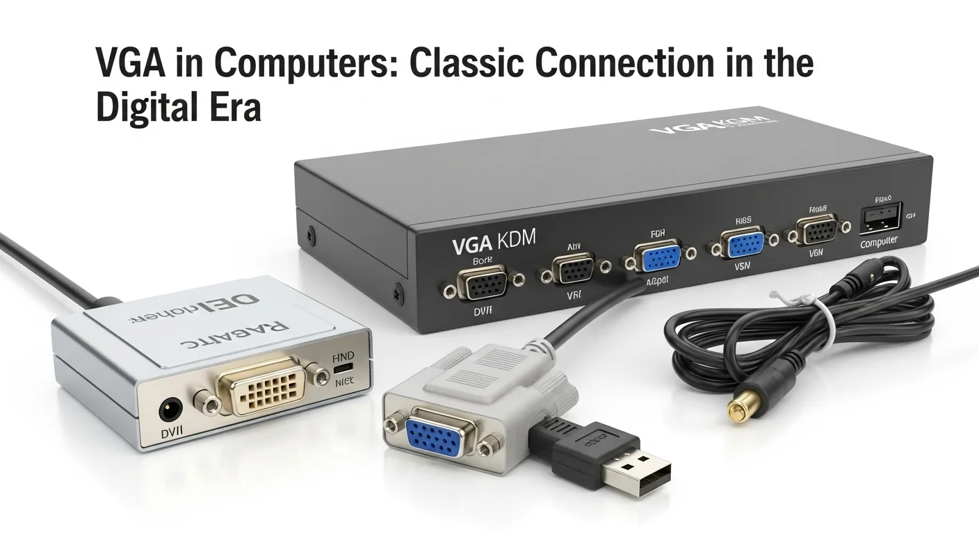 Colección de adaptadores de video incluyendo un conversor VGA a DVI, un adaptador USB a VGA, y un switch KVM VGA para múltiples computadoras.