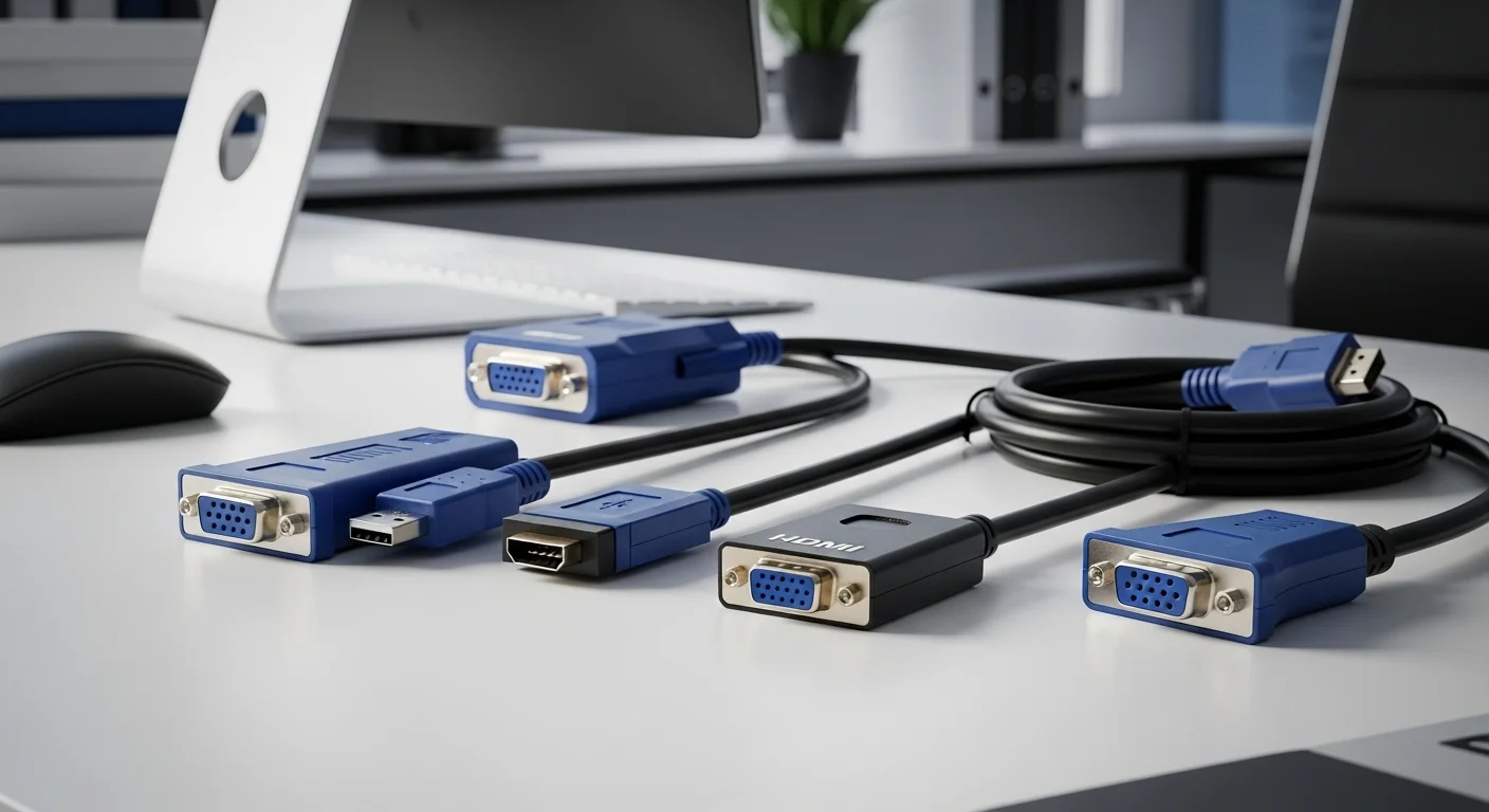 Colección de adaptadores de video, incluyendo un cable VGA a USB, un adaptador de VGA a HDMI y un cable VGA a VGA estándar sobre un escritorio de oficina.