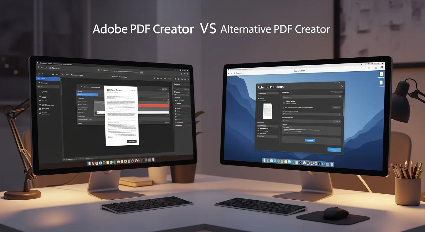 Comparativa de interfaces entre Adobe PDF Creator y una alternativa de PDF Creator gratis en dos monitores de computadora, simbolizando la elección.