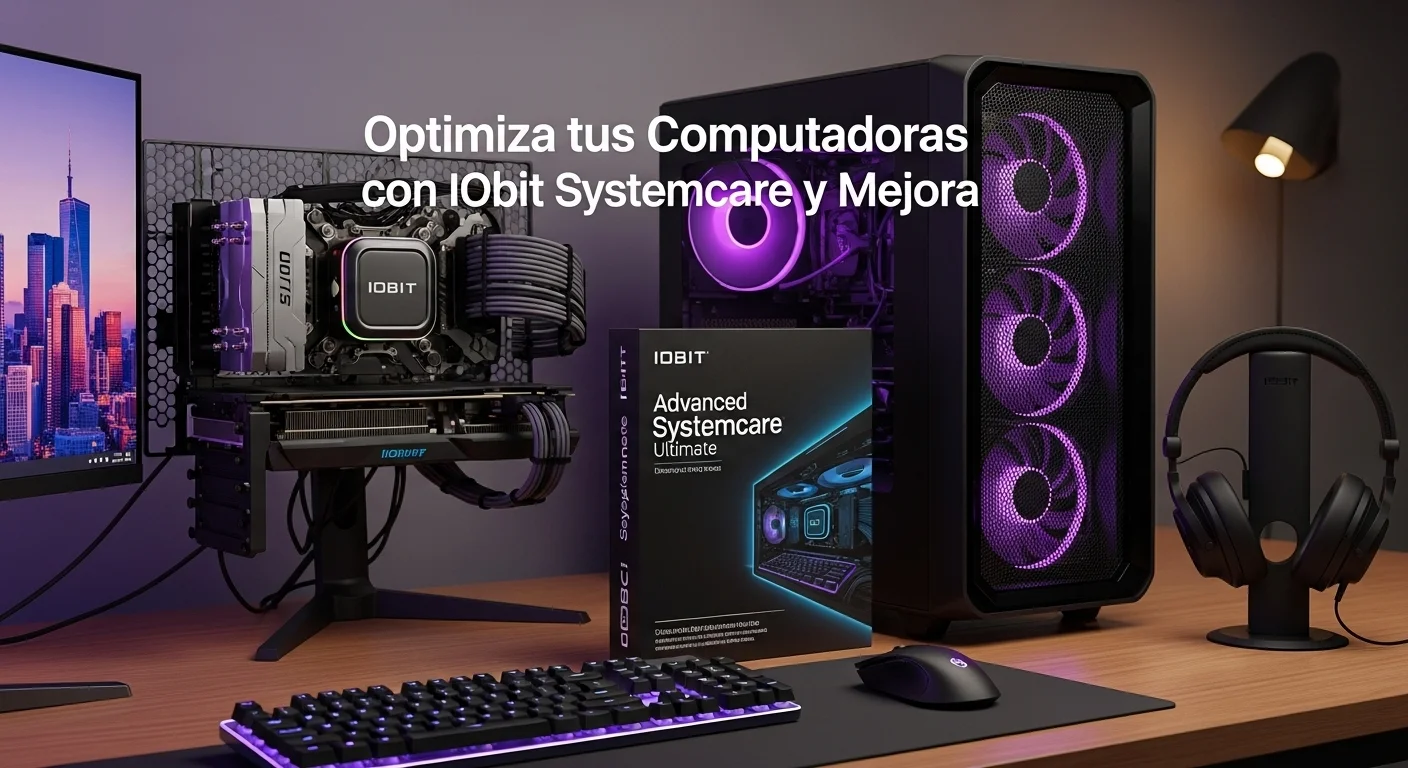 Caja del producto Advanced Systemcare Ultimate junto a una computadora de escritorio potente y accesorios de oficina.