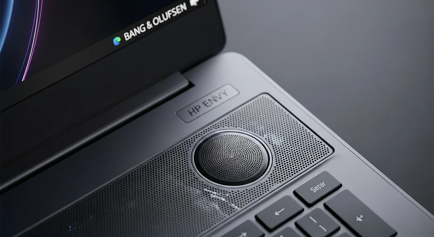 Detalle de la rejilla de los altavoces en una computadora HP Envy, mostrando la fina ingeniería de la bocina Bang & Olufsen.