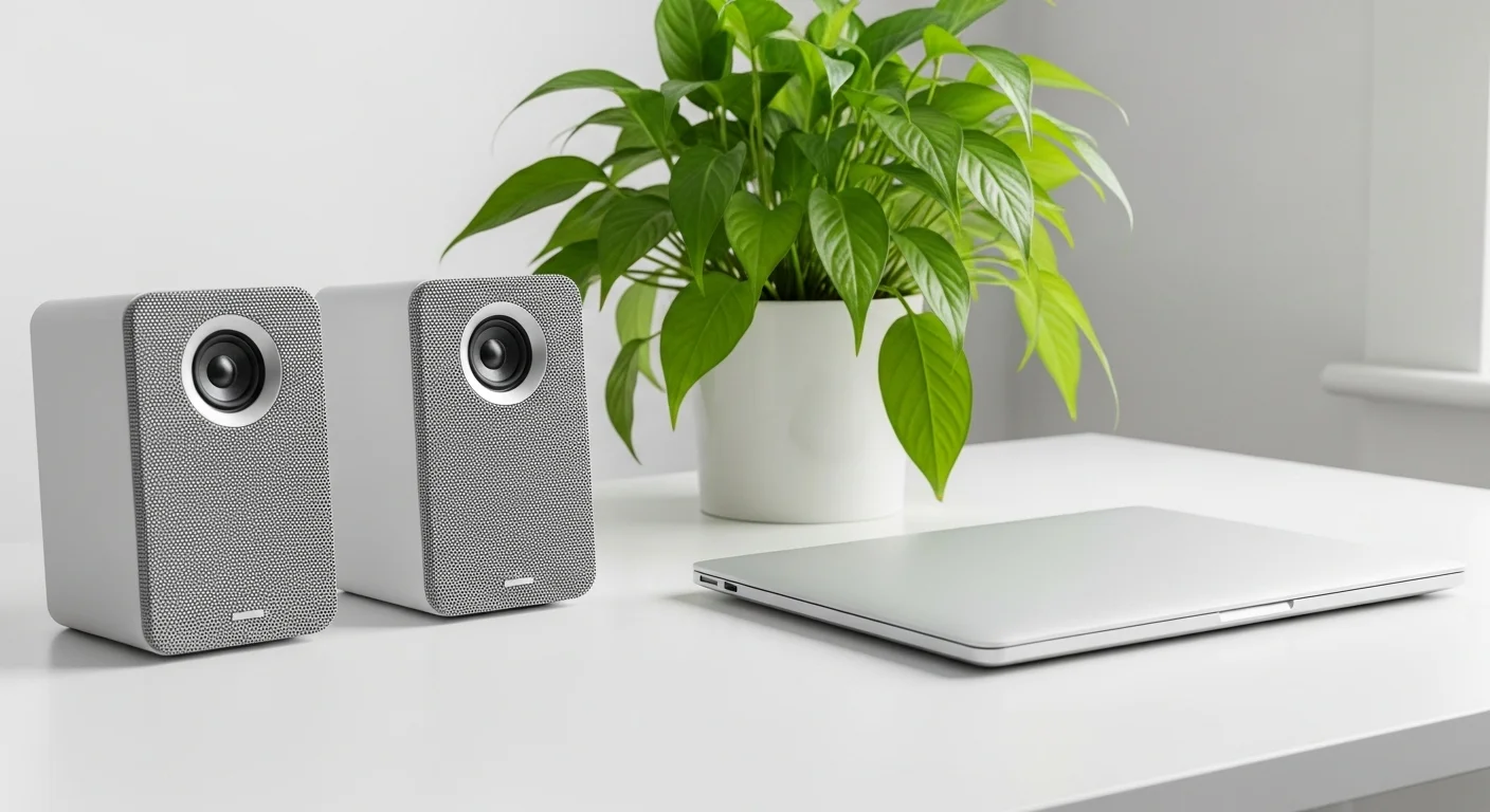 Altavoces inalámbricos de diseño moderno sobre un escritorio de oficina junto a una laptop y una planta