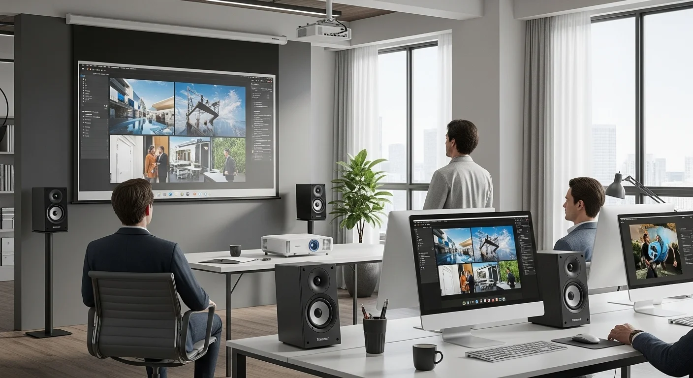 Varios altavoces Tronsmart en un entorno de oficina, utilizados para una presentación con un proyector y una pantalla, demostrando su uso profesional.