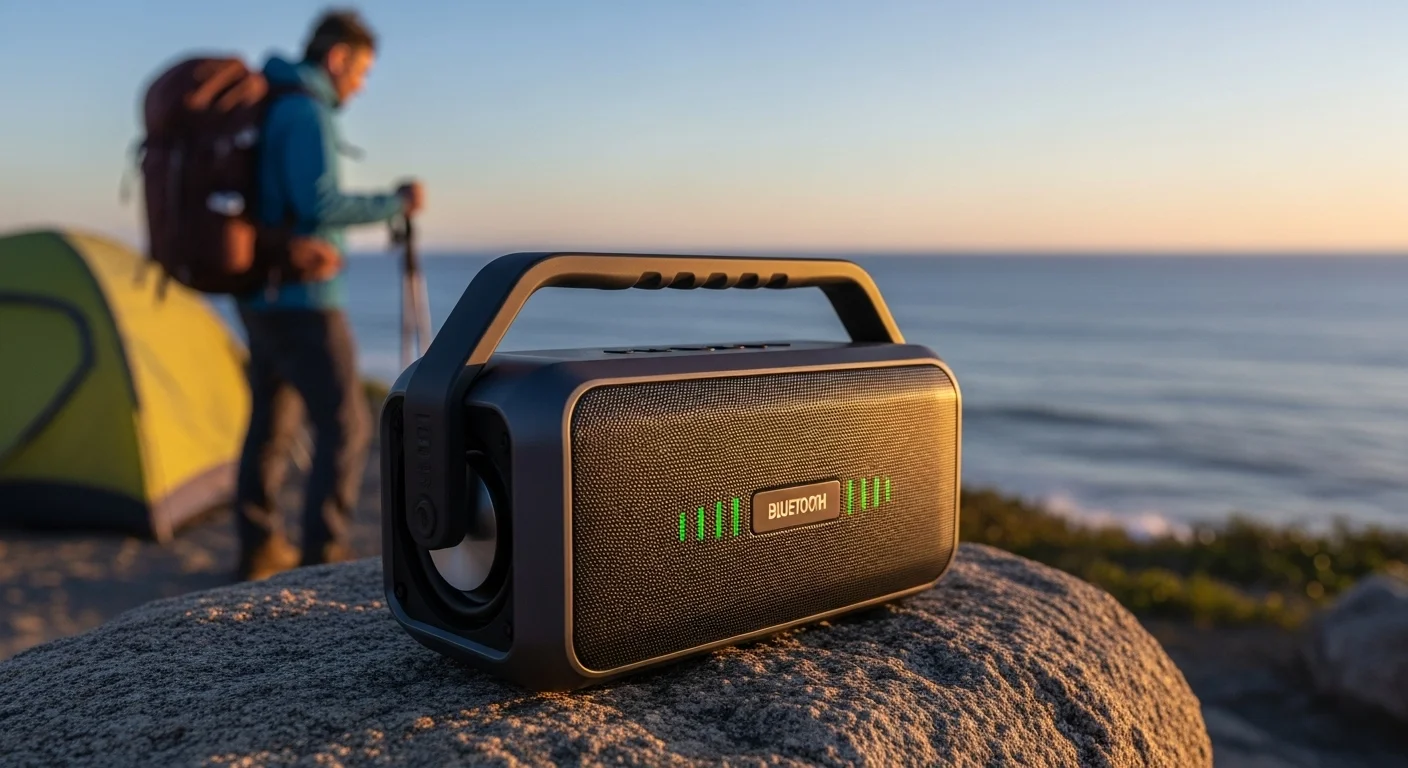 Altavoz bluetooth potente y portátil al aire libre, demostrando su versatilidad y uso en diferentes entornos más allá de las computadoras.