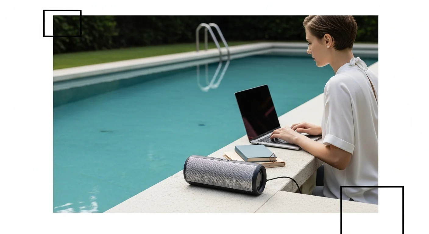 Un altavoz exterior bluetooth resistente al agua junto a una piscina con una persona trabajando en una computadora portátil al fondo.