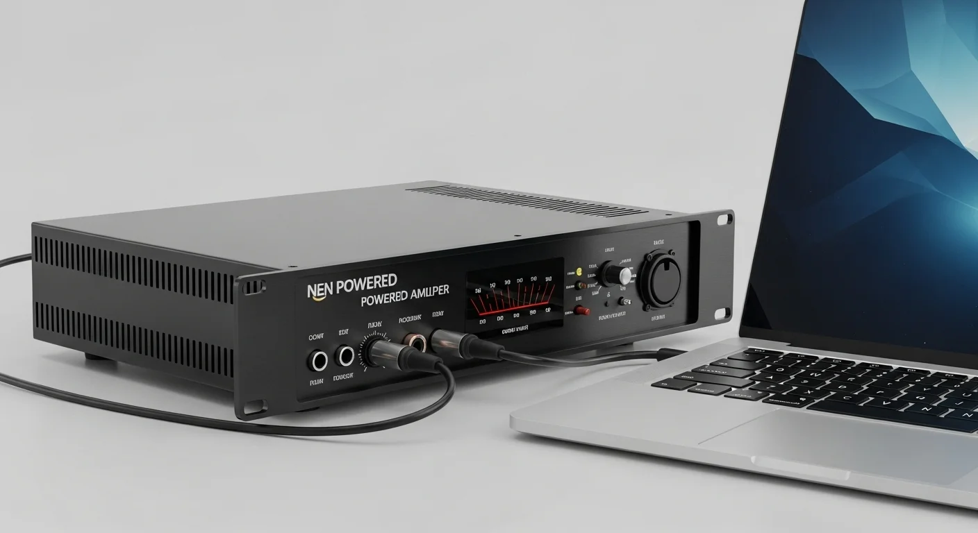 Primer plano de un amplificador para bocinas grandes conectado a una laptop, esencial para el sonido en fiestas.