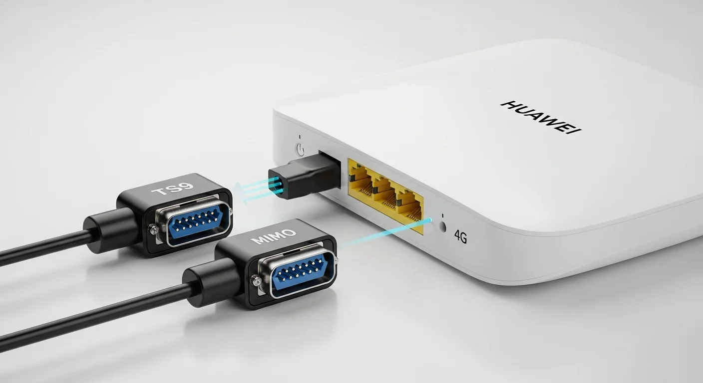 Dos conectores TS9 de una antena modem MIMO conectados a un router Huawei 4G para potenciar la conexión de computadoras y laptops