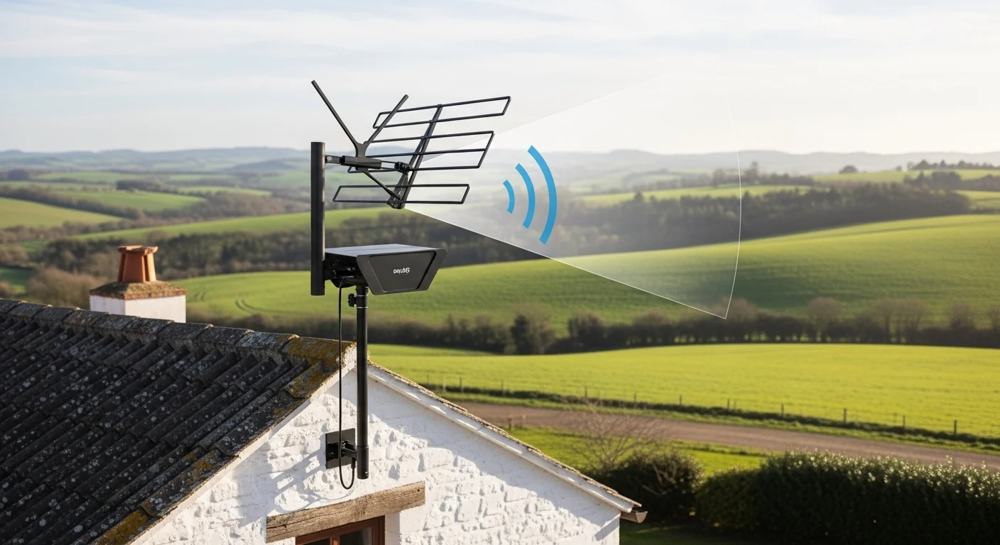 Una potente antena para router 4g tipo Yagi montada en el exterior de una vivienda rural, apuntando al horizonte para captar la mejor señal celular.