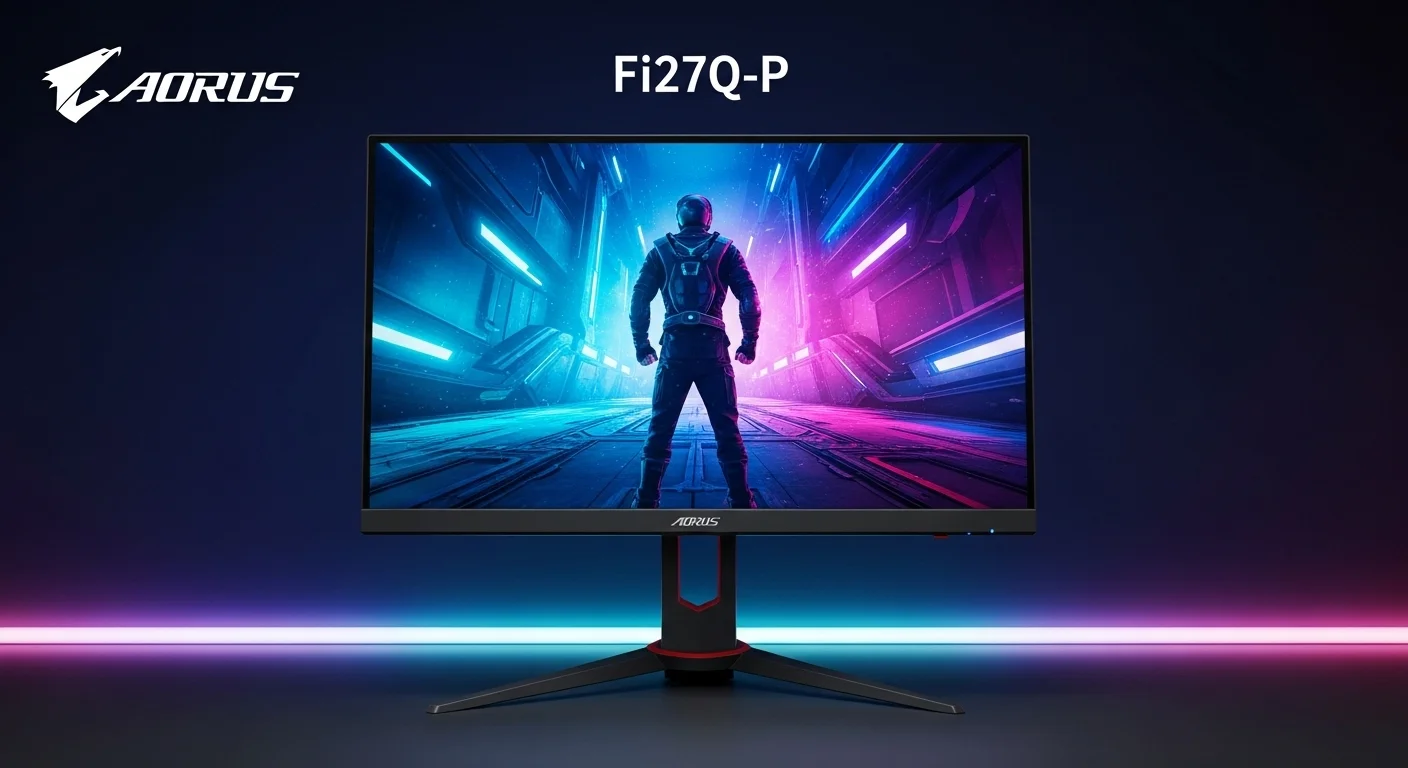 Primer plano del panel IPS del monitor Aorus Fi27q-P, destacando la vibrante y precisa reproducción de colores para juegos y diseño en computadoras.