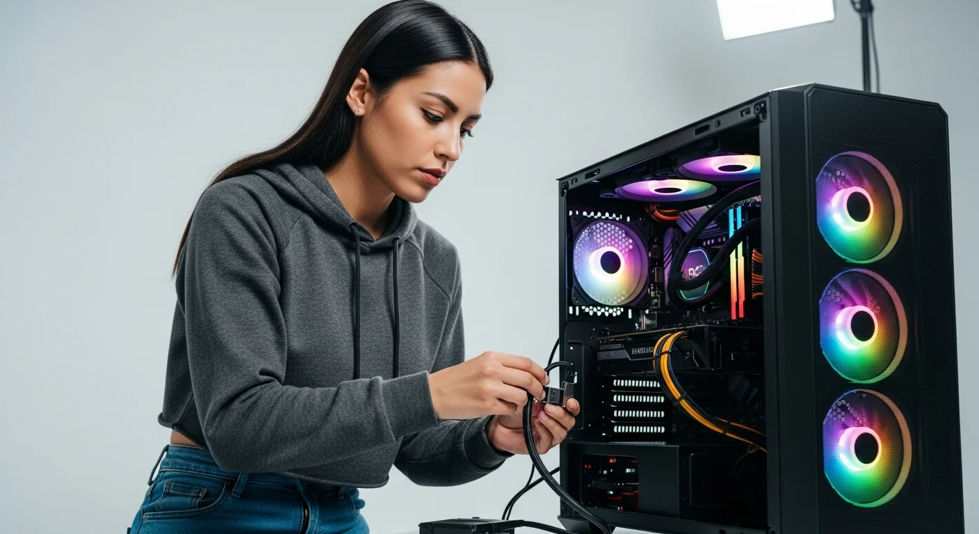 Persona en proceso de armado de pc gamer, conectando cuidadosamente los cables a la placa base dentro de un gabinete moderno.