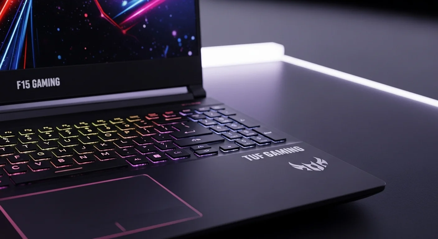 Un primer plano de la laptop para juegos Asus F15, con el teclado retroiluminado en RGB y el logo de TUF Gaming visible, representando la potencia del asus gaming.