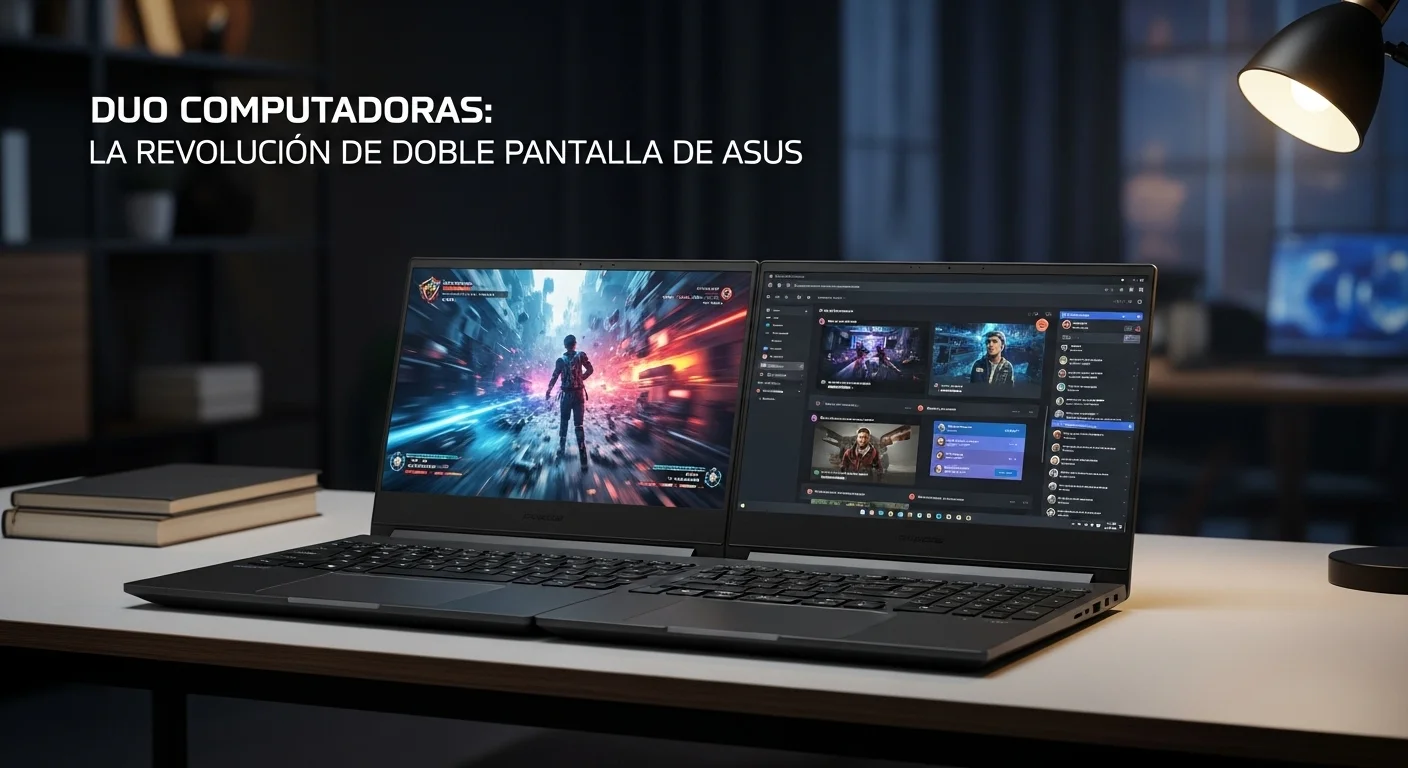 Una computadora Asus ROG Zephyrus Duo 15 SE iluminada con luces RGB, mostrando un juego en la pantalla principal y Discord en la pantalla secundaria