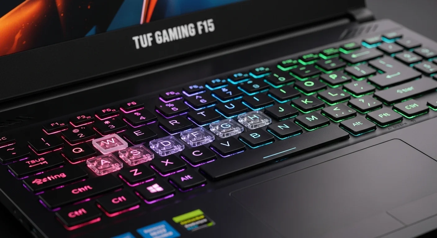 Primer plano del teclado retroiluminado RGB de una computadora Asus Tuf Gaming F15, destacando las teclas WASD transparentes para gaming.