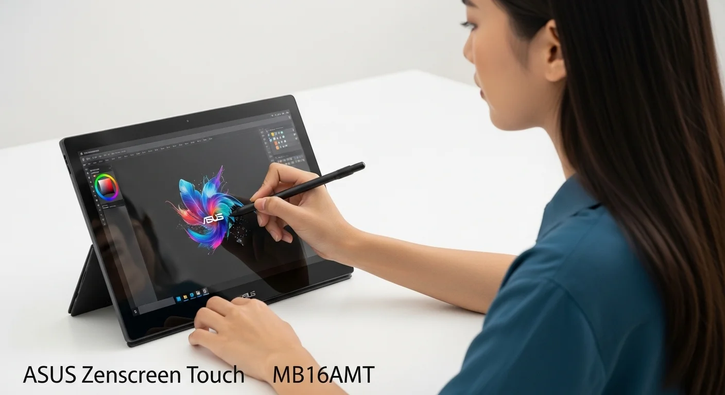 Un diseñador utilizando la función táctil de un Asus Zenscreen Touch MB16AMT con un lápiz óptico, demostrando su utilidad para la creatividad en computadoras.