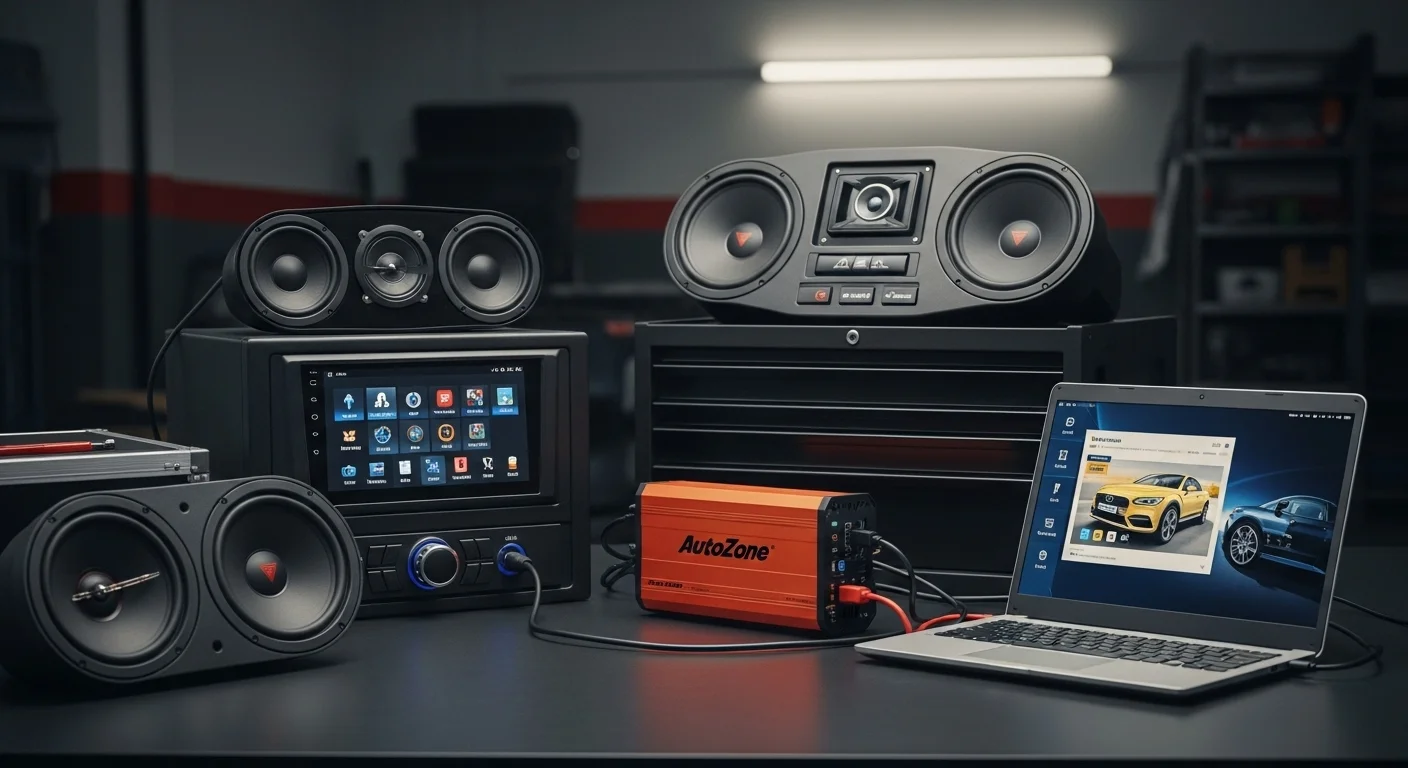 Montaje de productos tecnológicos disponibles en Autozone, incluyendo varias bocinas para carro, un estéreo con pantalla táctil y un inversor de corriente alimentando una laptop.