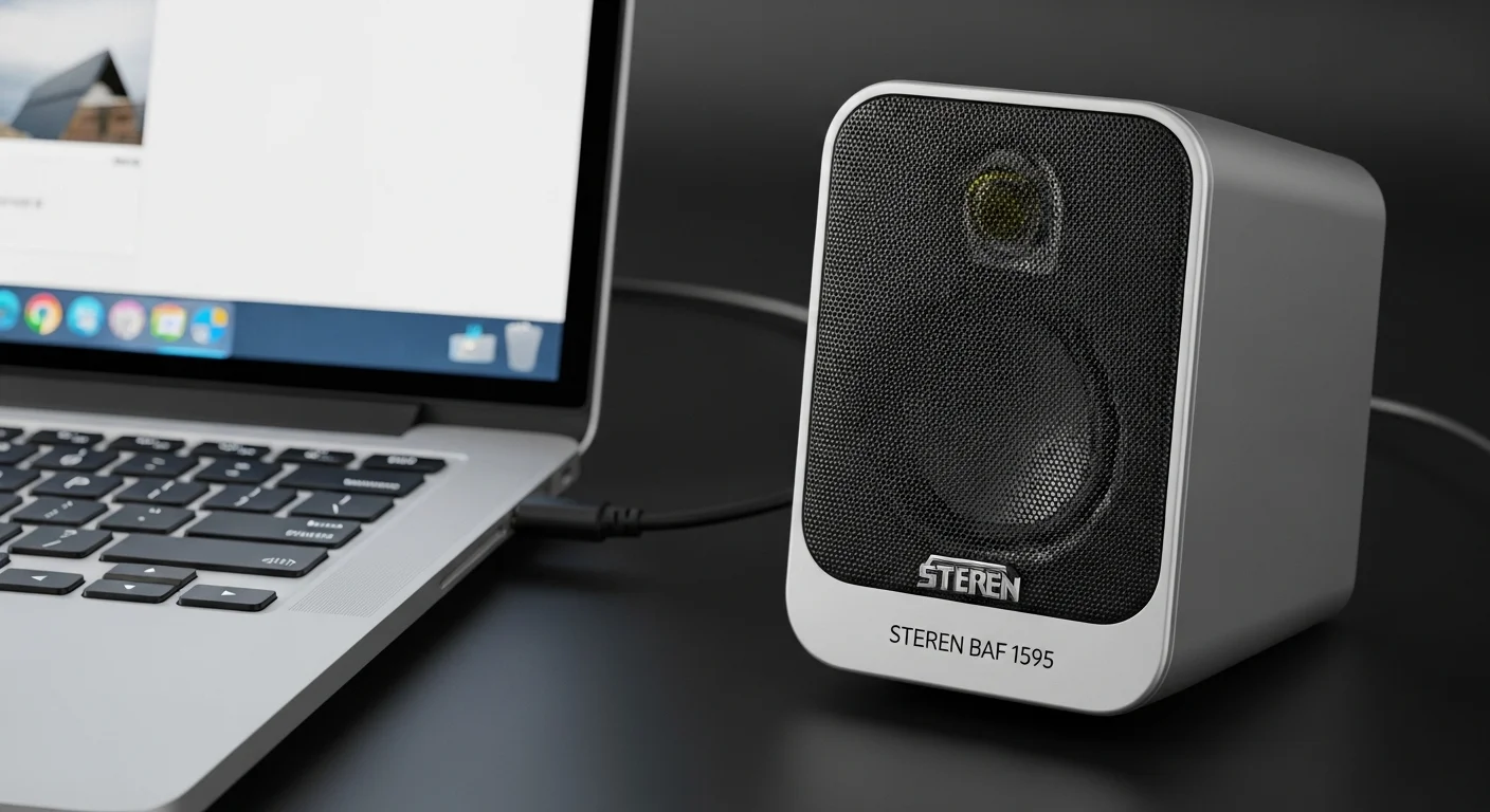 Primer plano de una bocina Steren Baf 1595 conectada a una computadora portátil para una experiencia de sonido superior.