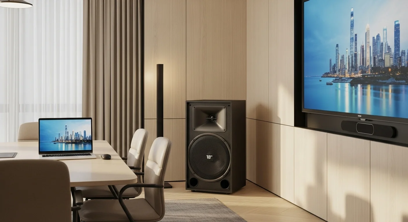 Bafle amplificado de 18 pulgadas en una esquina de una sala de conferencias, listo para potenciar el audio de una presentación desde una laptop.