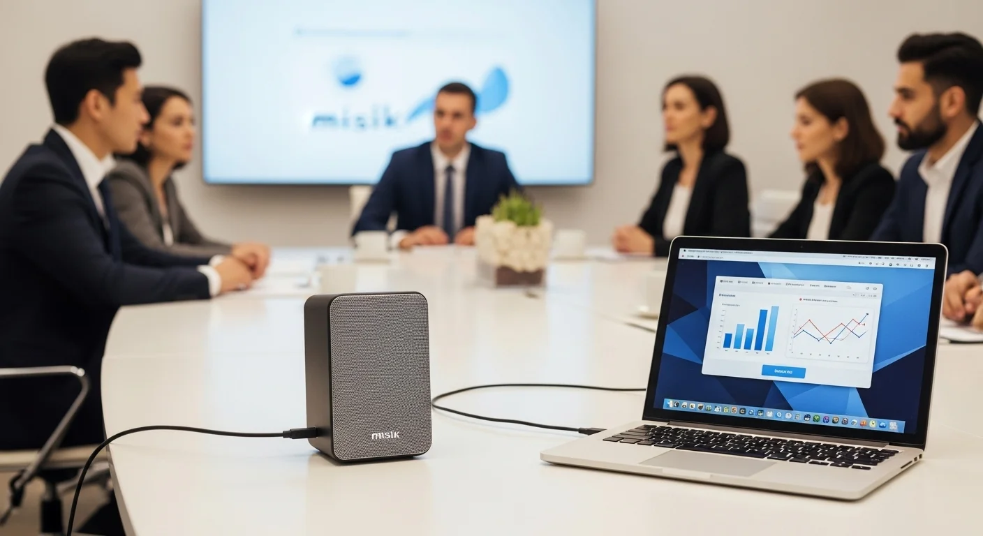 Un bafle Misik conectado a una laptop durante una presentación de negocios en una sala de juntas, mostrando su aplicación en entornos profesionales.