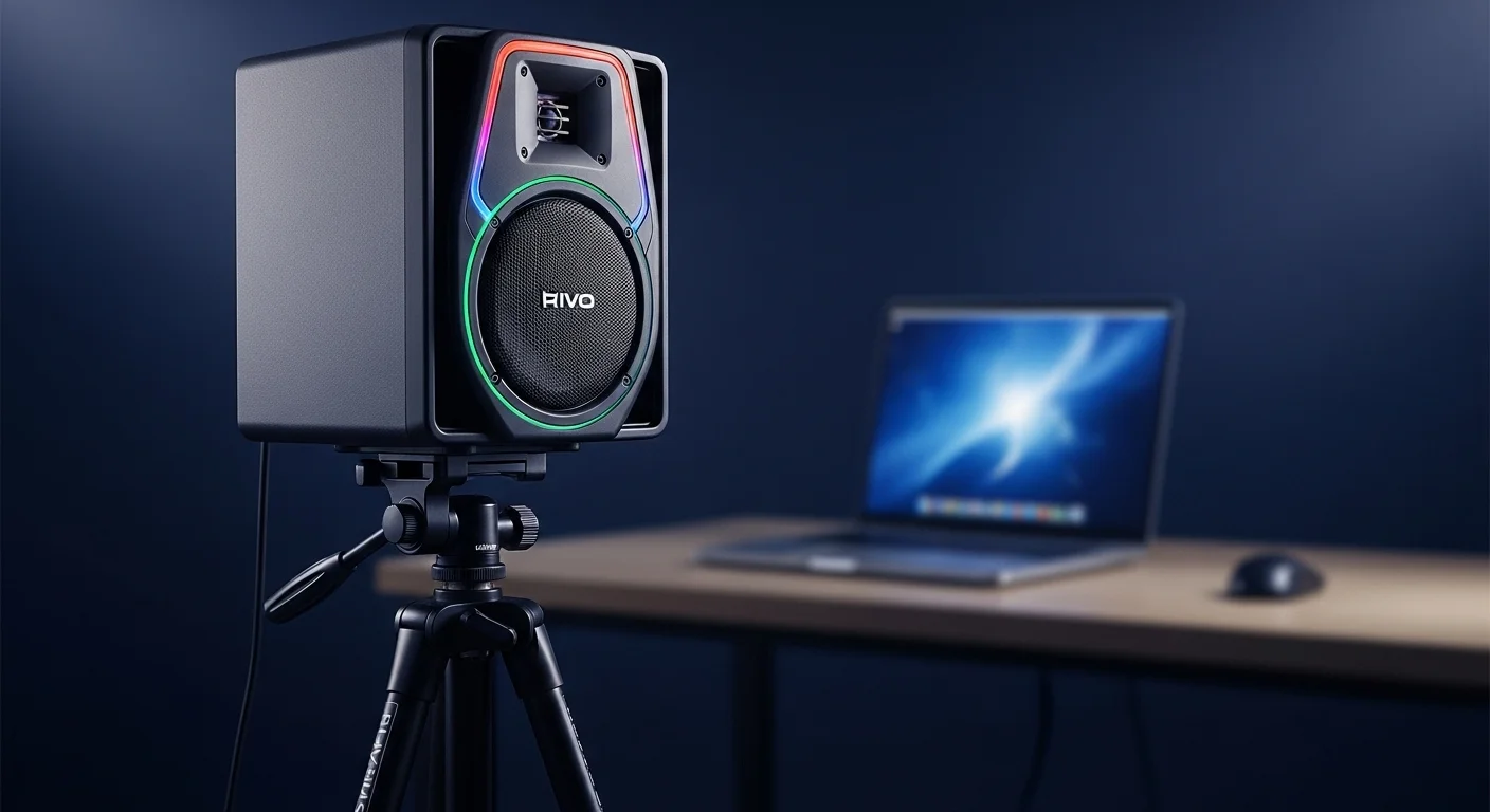 Un bafle profesional de alta potencia sobre un trípode en un evento, con una computadora portátil de control en segundo plano, destacando la sinergia tecnológica.