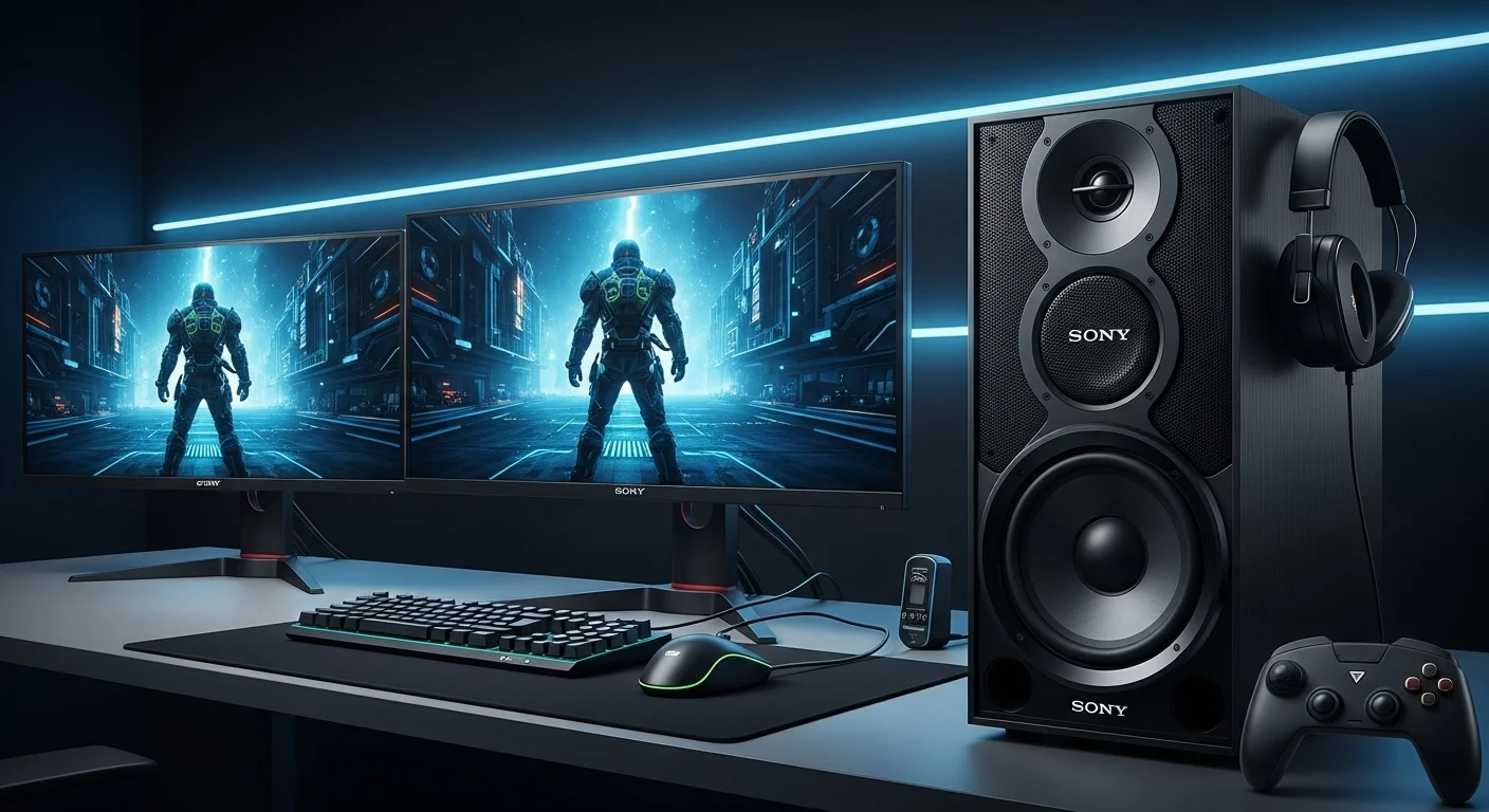 Un setup de gaming con múltiples monitores donde un bafle sony grande se usa como sistema de audio principal para una inmersión total en los videojuegos.