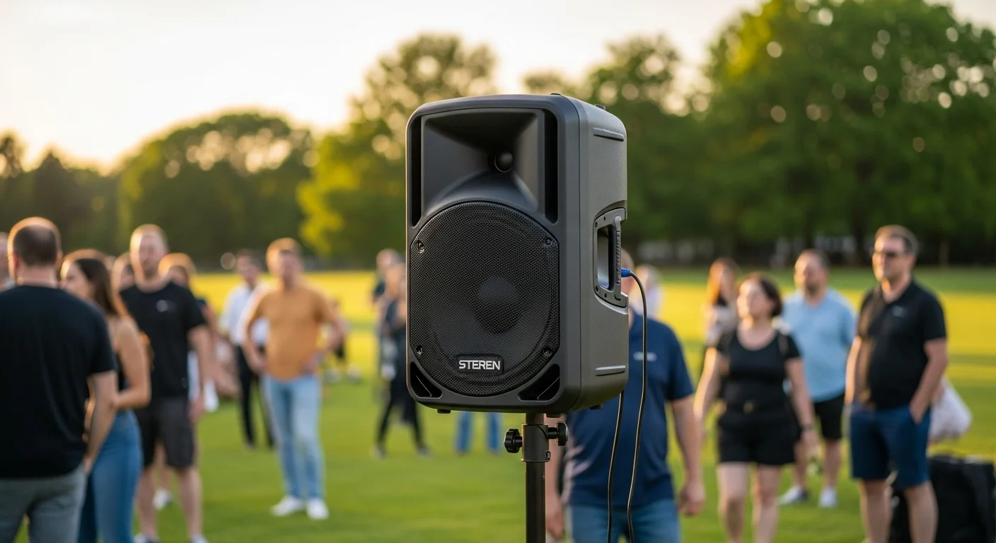 Bafle Steren de 15 pulgadas siendo utilizado en un evento al aire libre, demostrando su portabilidad y potencia de sonido.
